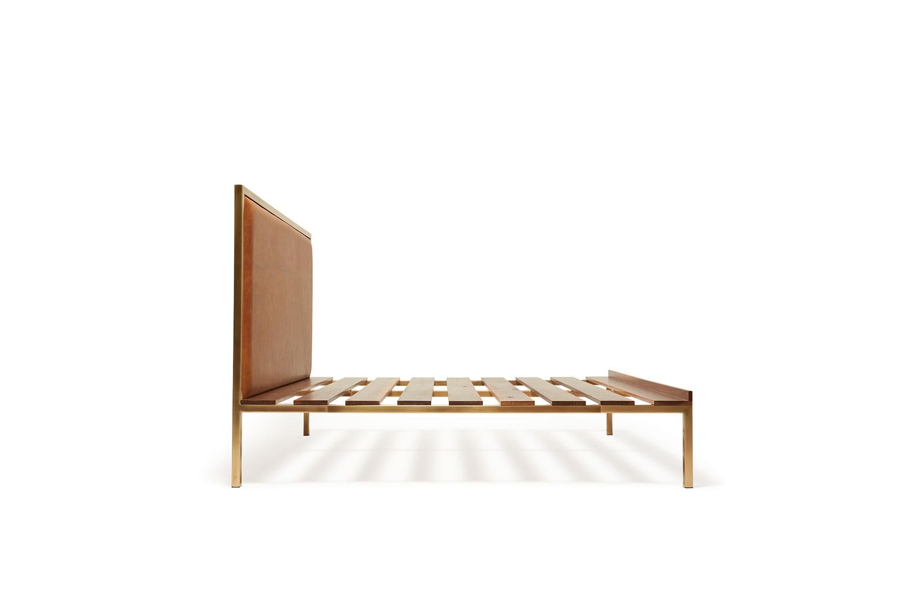 Modern Walnut and Brass Bed Frame with Leather Headboard For Sale