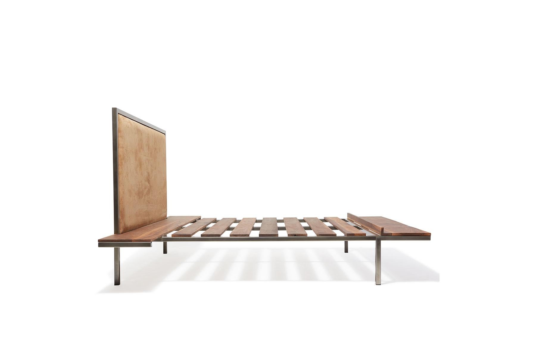 Modern Antique Nickel Bed Frame with Nubuck Headboard and Walnut Tables and Bench For Sale