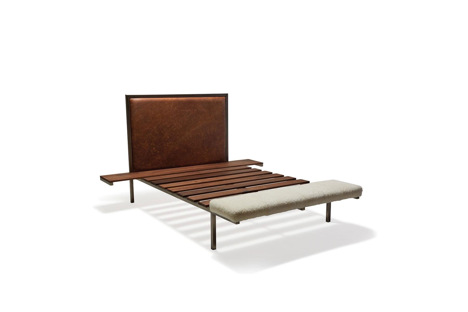 Modern Walnut and Nickel Bed Frame with Shearling Bench For Sale