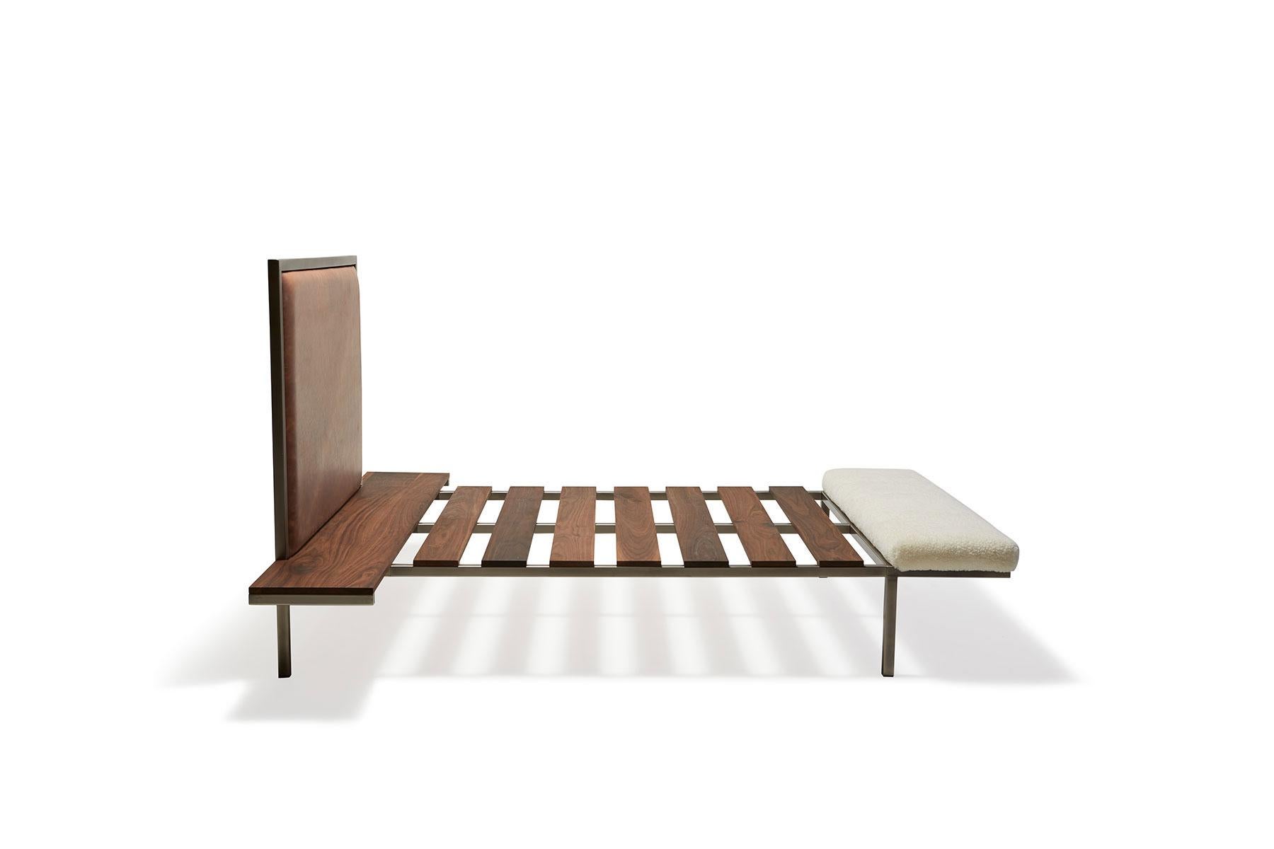 Plated Walnut and Nickel Bed Frame with Shearling Bench For Sale