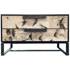 Modern Wide Birch Two-Drawer Chest with Forged Metal Frame by Ercole Home