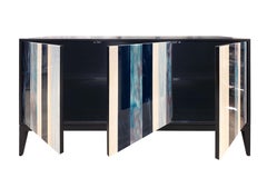 Buffet moderne en lin noir Milano en mosaïque de verre bleu/ivoire Ercole Home