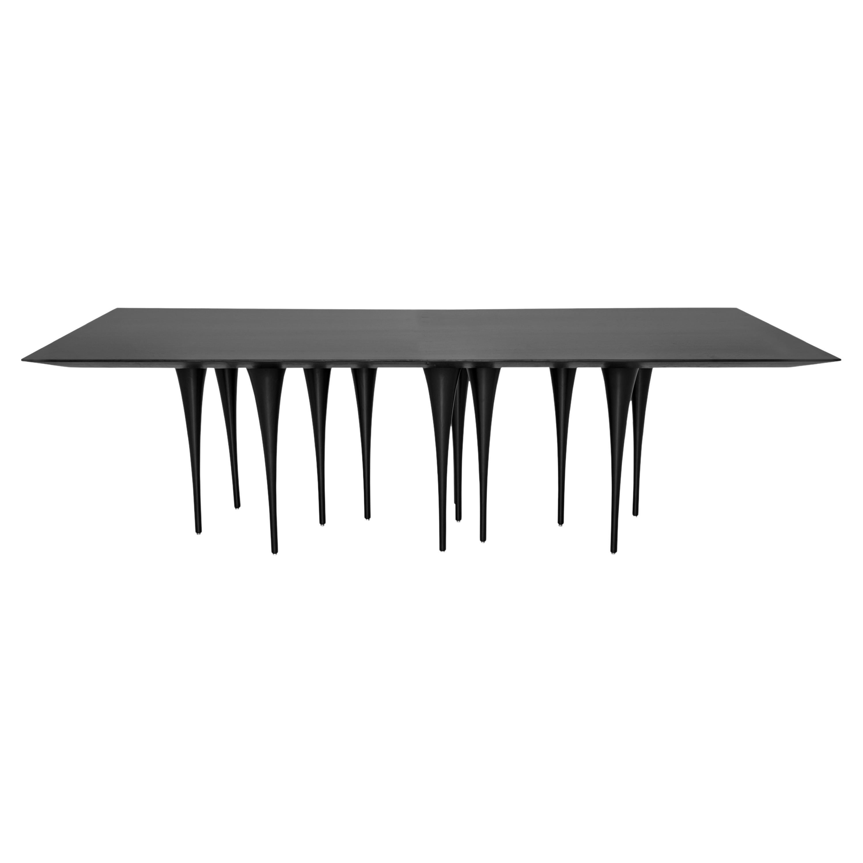 Customizable Black Oak 110-Inch Dining Table with Sculptural Base - Pin Line