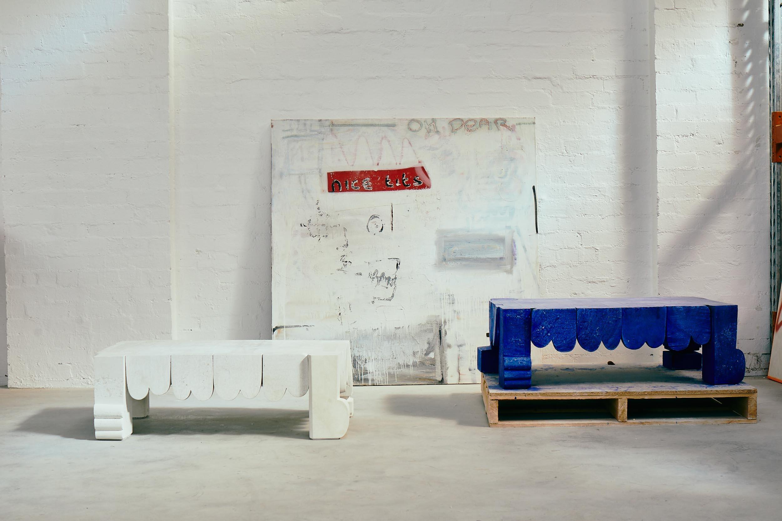 Customizable Blue Coffee Table 'Bobster' by Denholm, Limestone In New Condition In Paris, FR