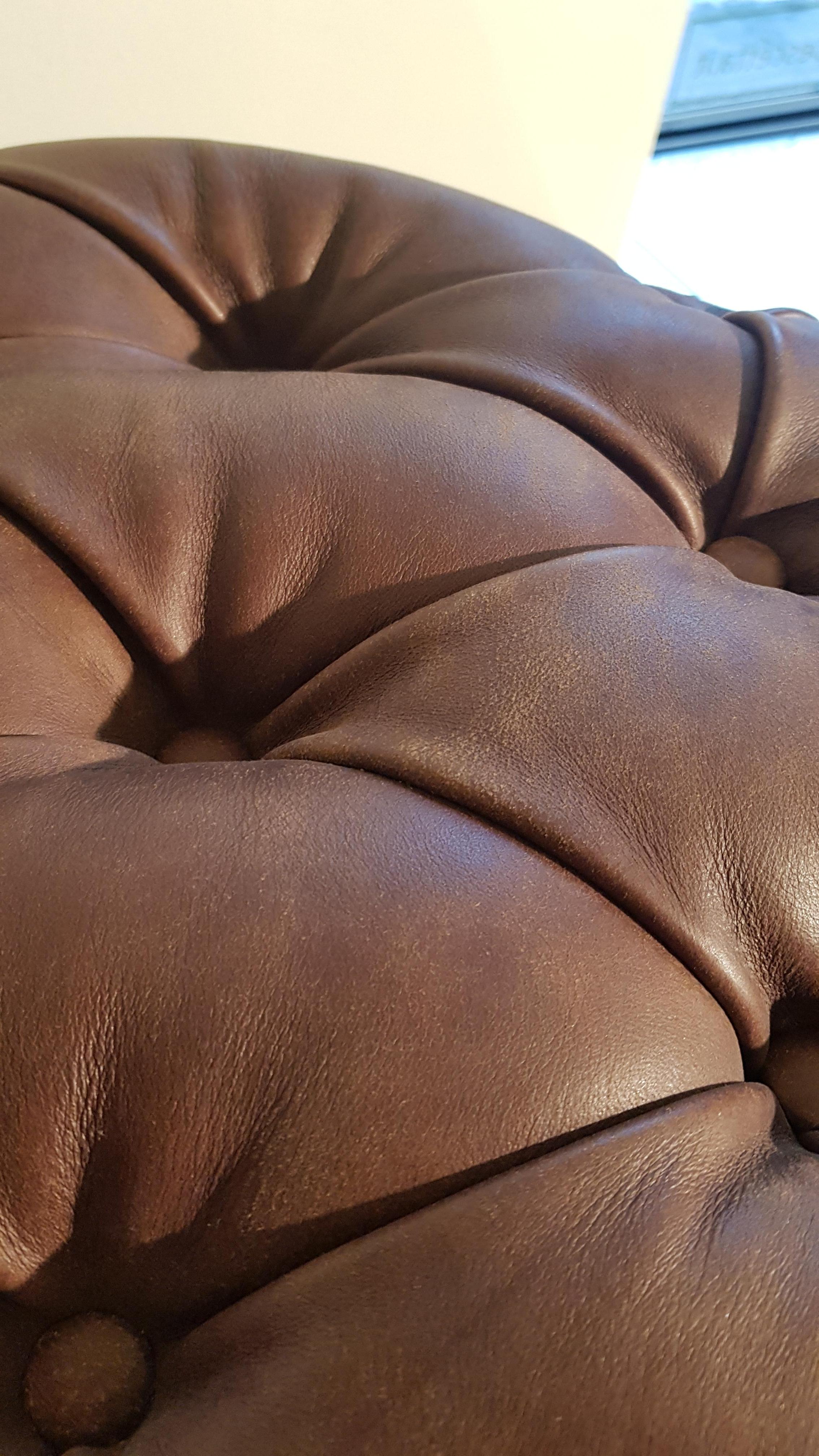 Customizable Brown Leather Capitonné Pouf Available in Other Colors Shape Size 7