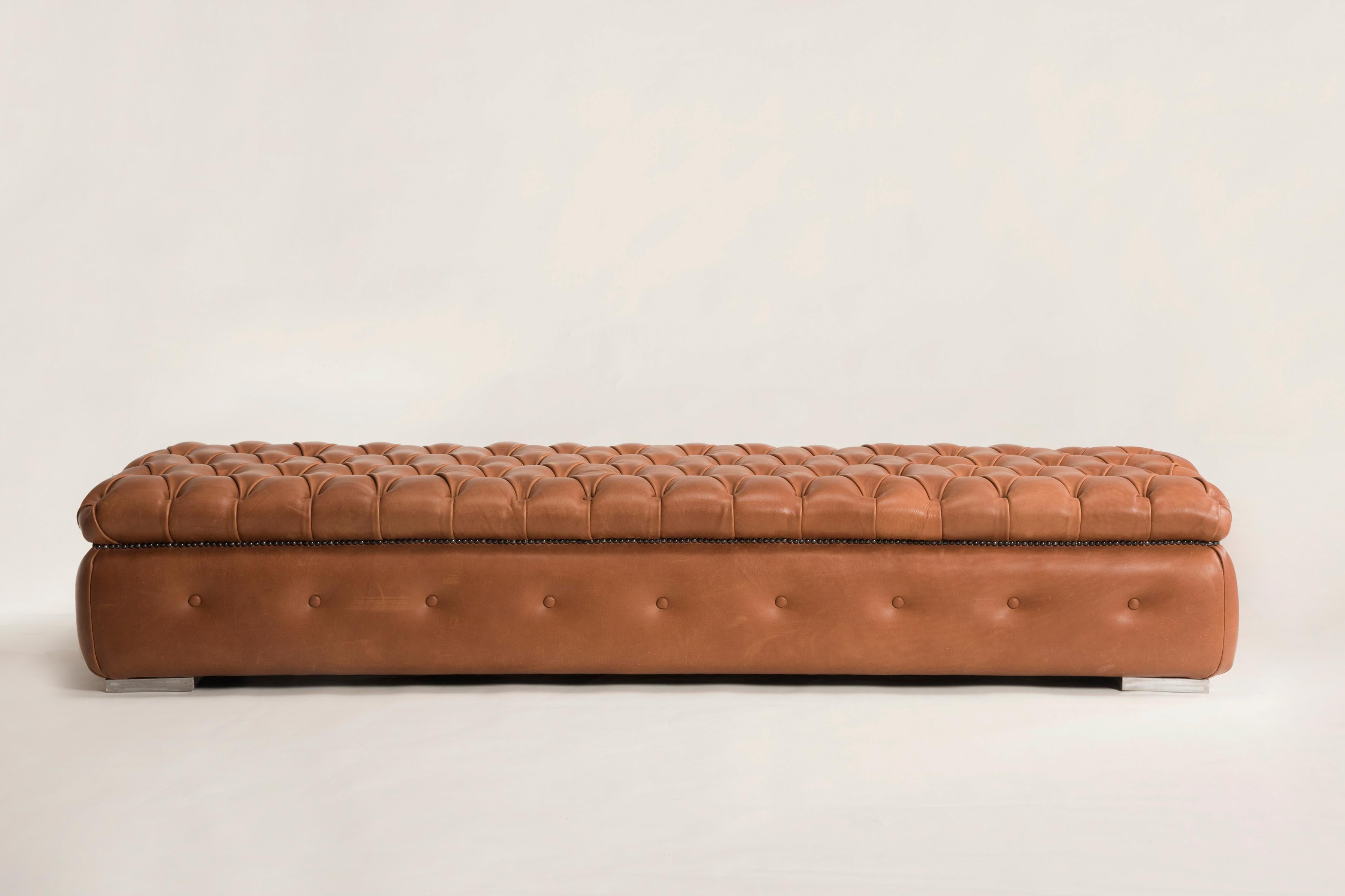 Italian Customizable Brown Leather Capitonné Pouf Available in Other Colors Shape Size For Sale
