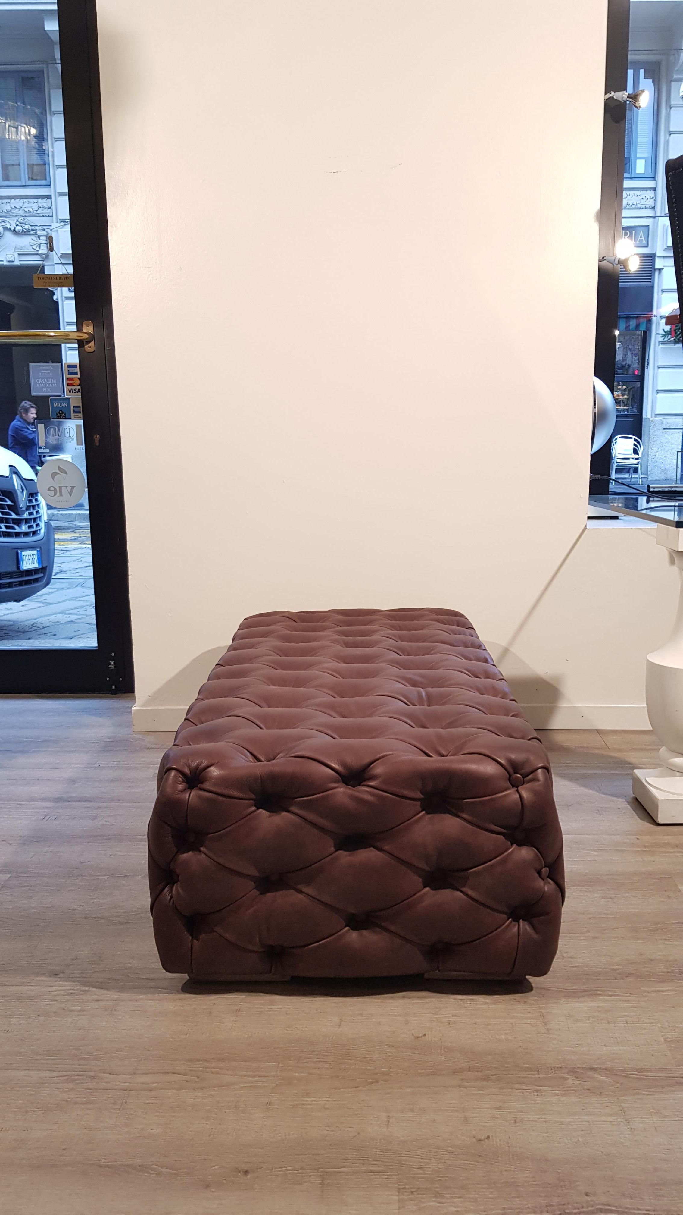 Italian Customizable Brown Leather Capitonné Pouf Available in Other Colors Shape Size
