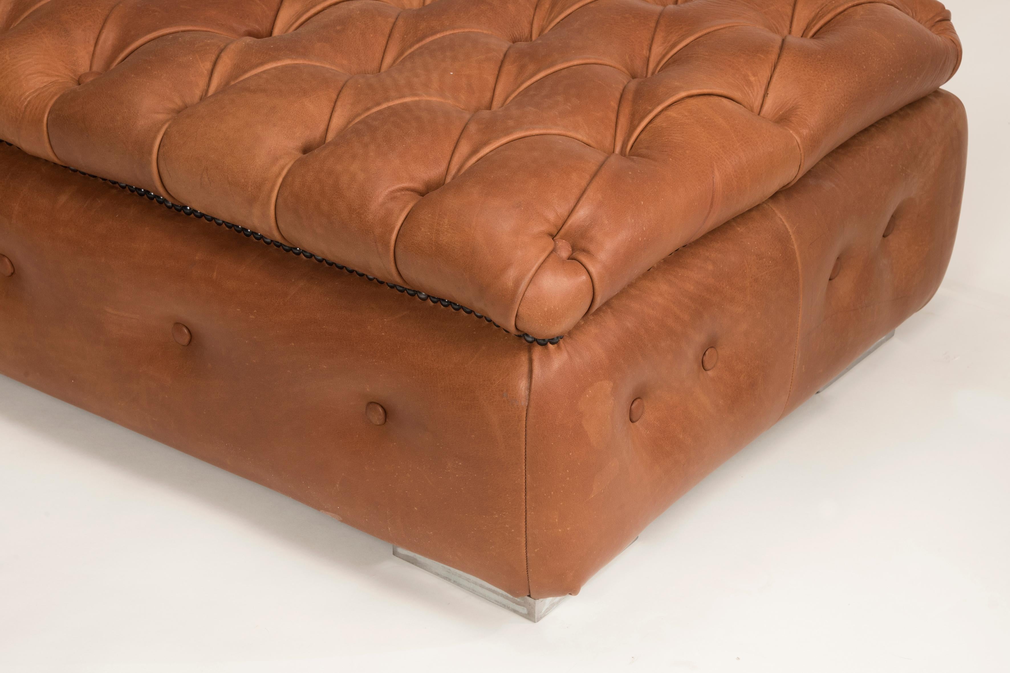 Customizable Brown Leather Capitonné Pouf Available in Other Colors Shape Size For Sale 2
