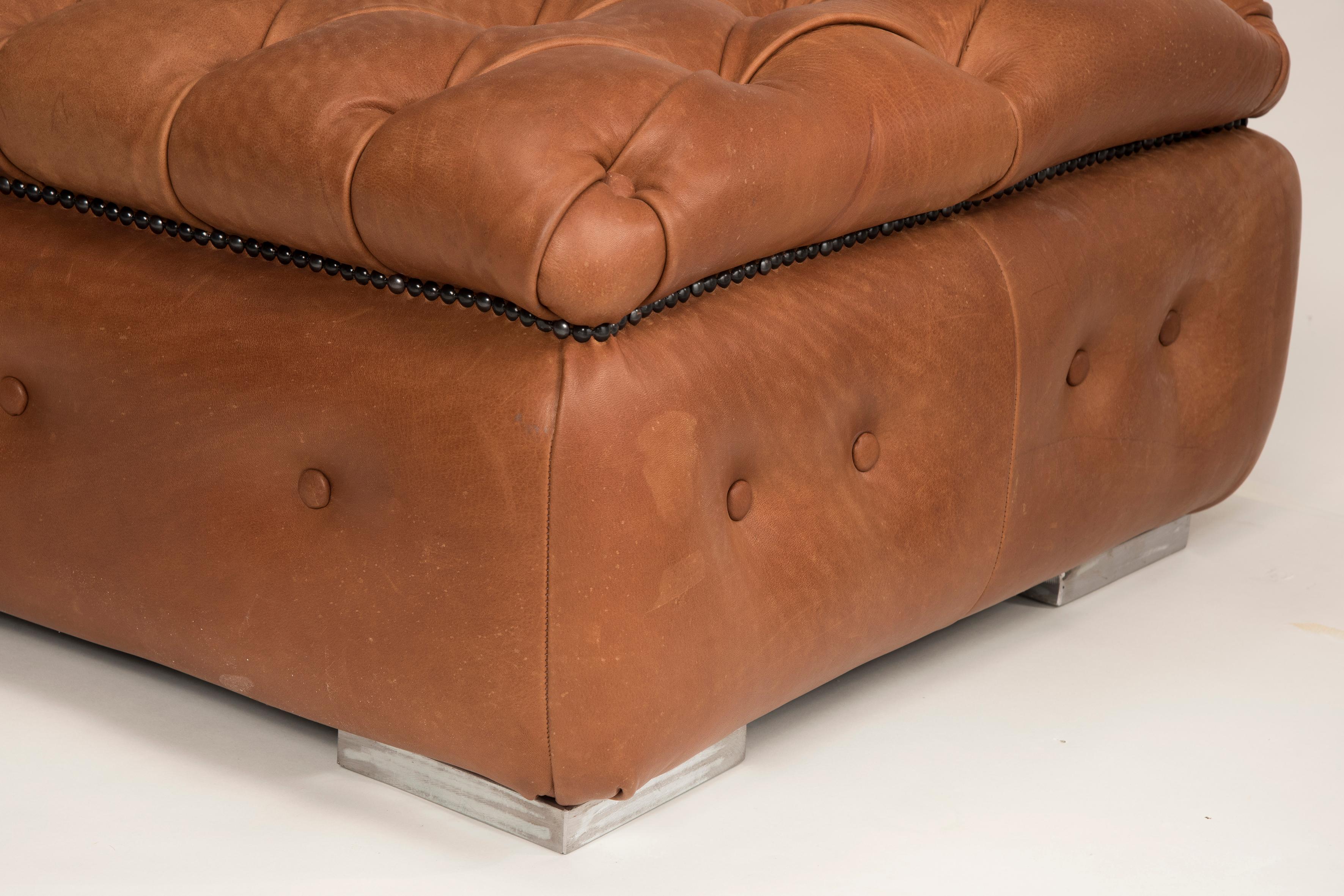 Customizable Brown Leather Capitonné Pouf Available in Other Colors Shape Size 3