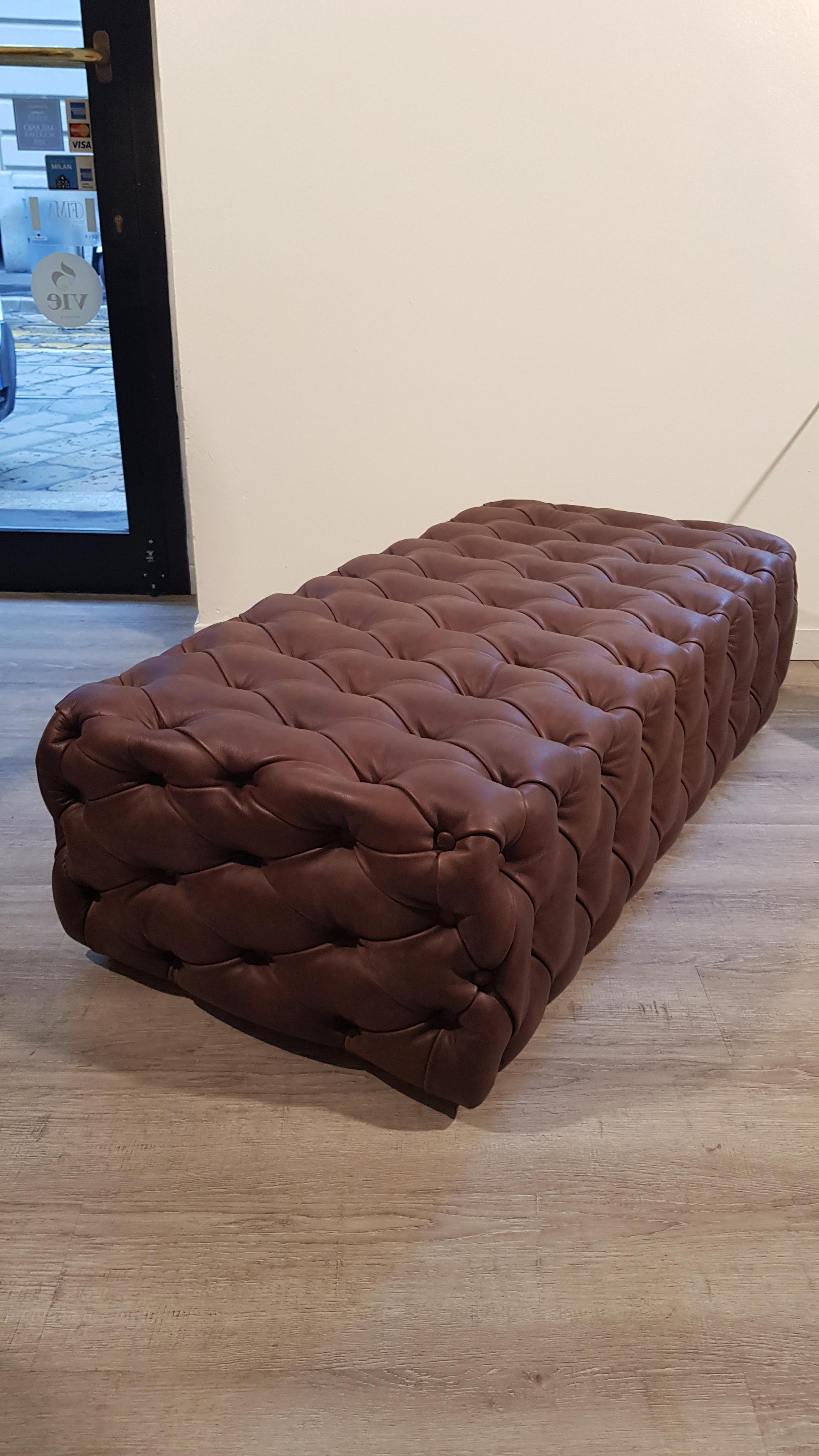 Customizable Brown Leather Capitonné Pouf Available in Other Colors Shape Size 2