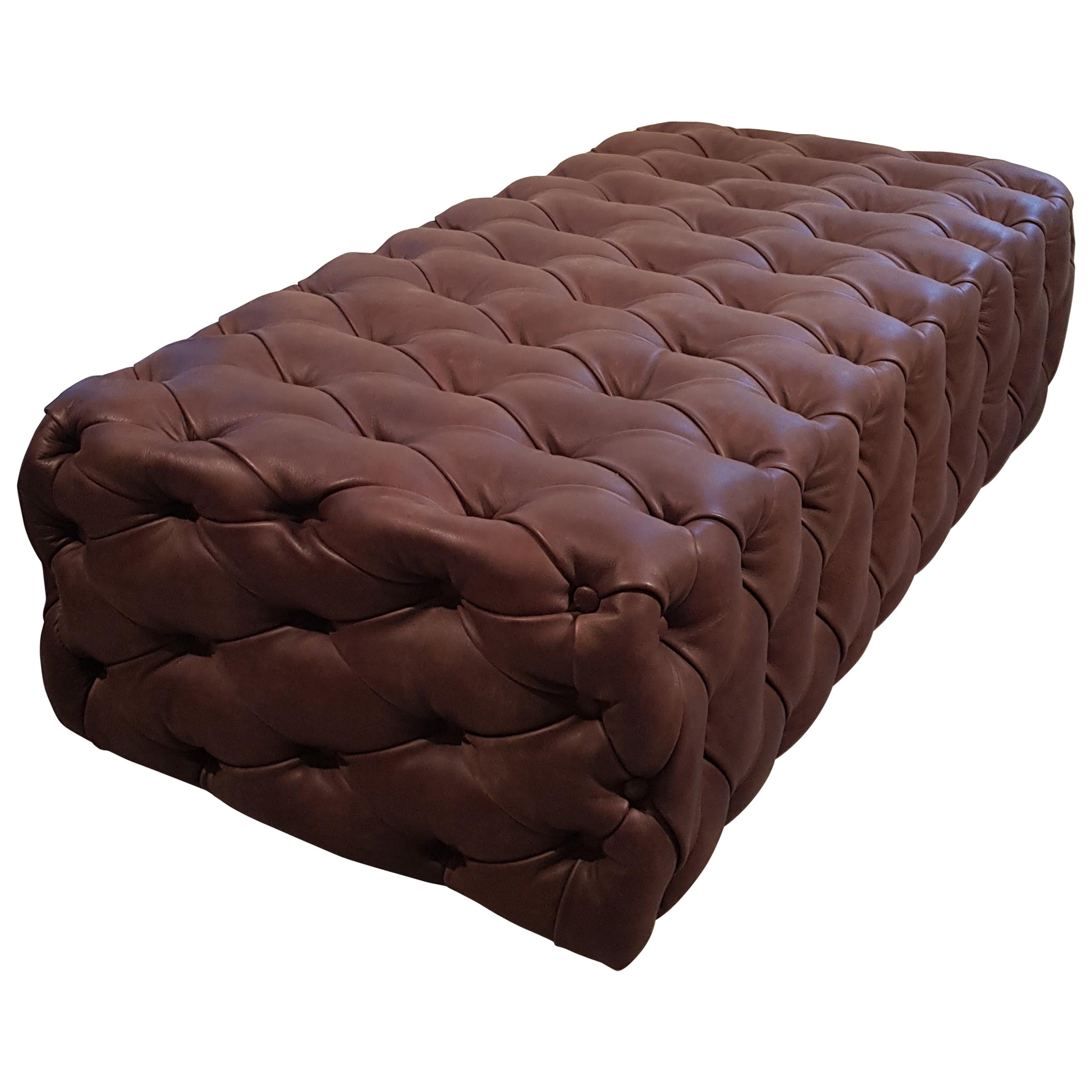 Customizable Brown Leather Capitonné Pouf Available in Other Colors Shape Size