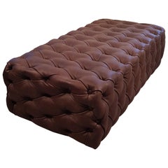 Customizable Brown Leather Capitonné Pouf Available in Other Colors Shape Size