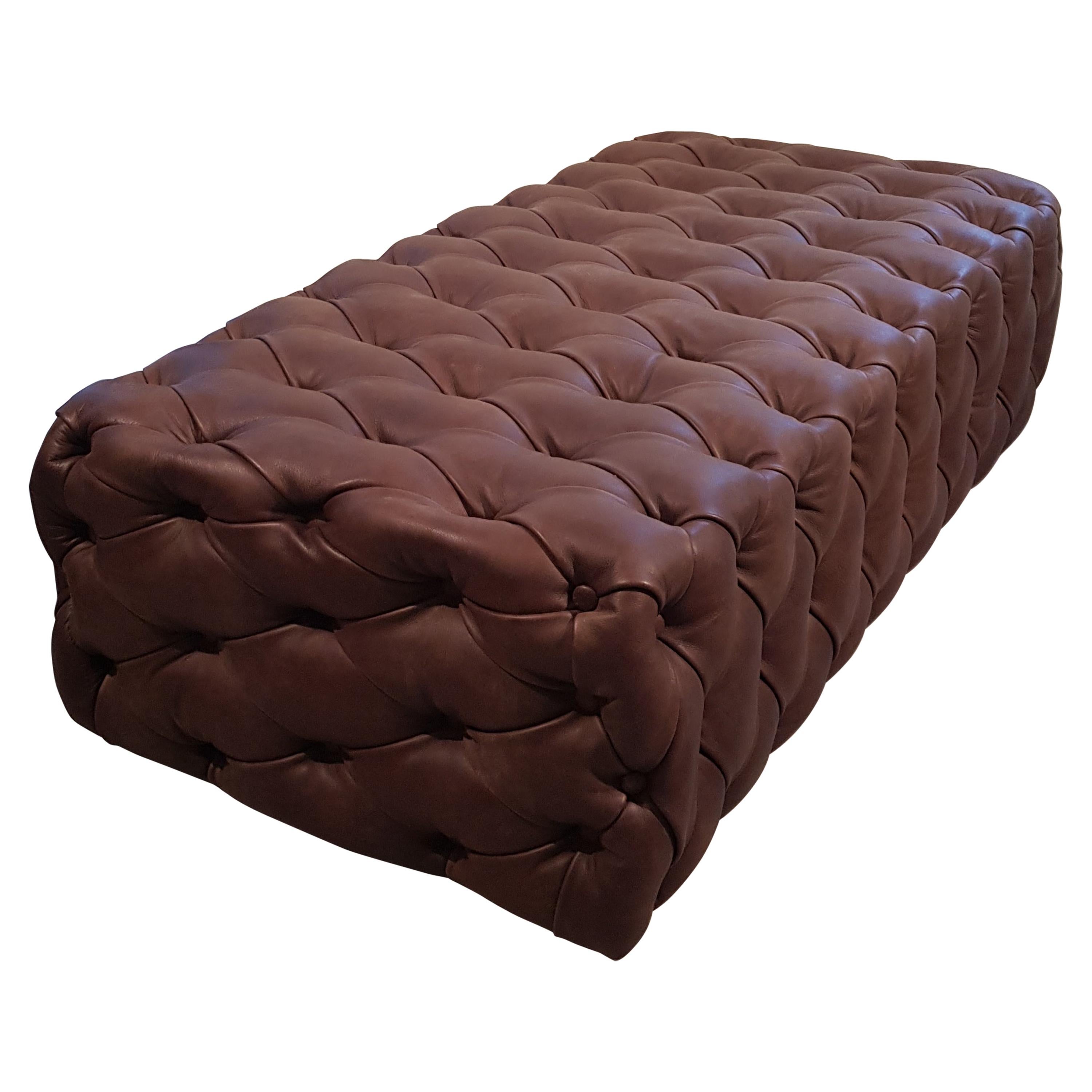 Customizable Brown Leather Capitonné Pouf Available in other colors shape size