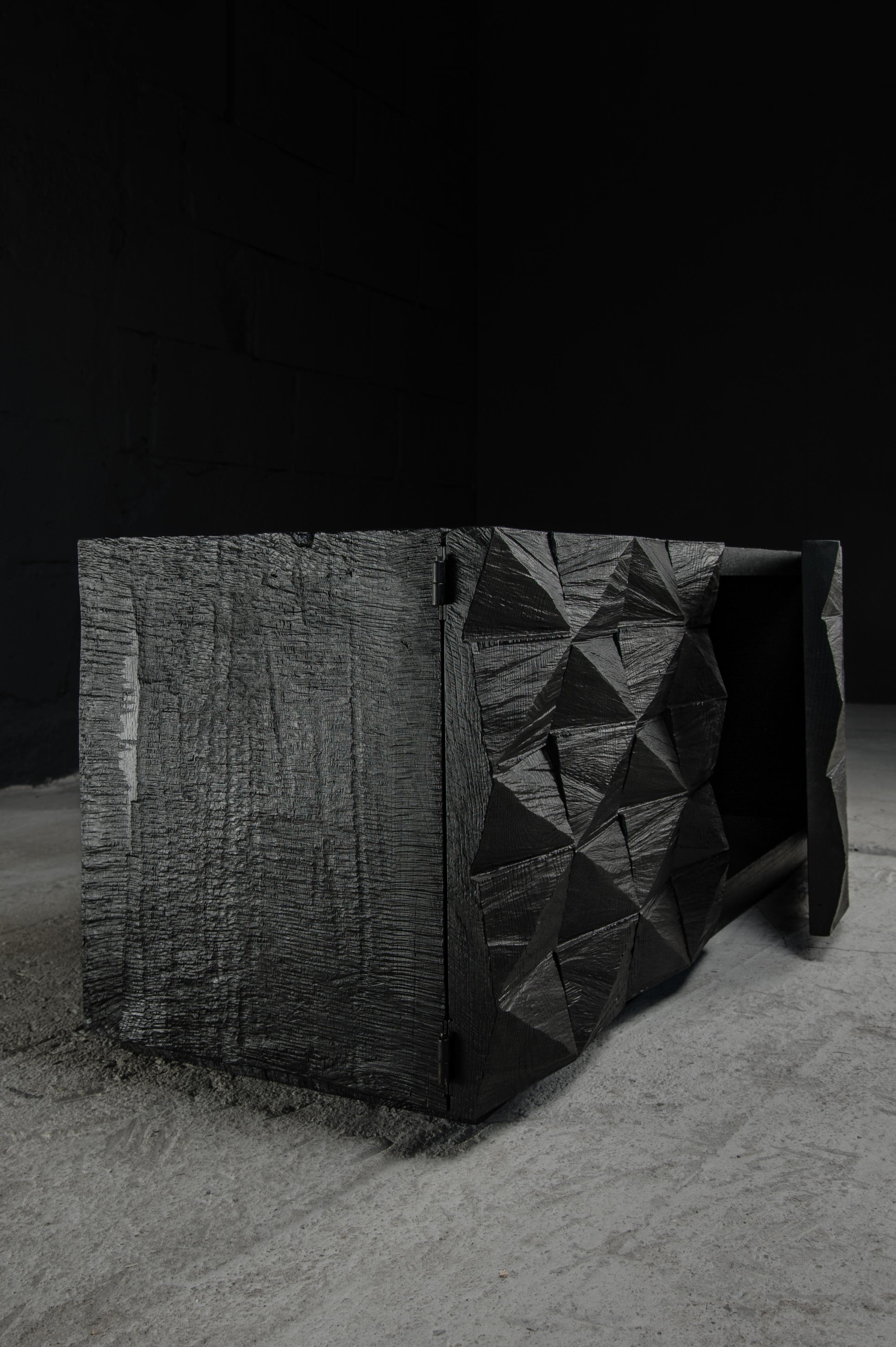 Customizable Cabinet, Sculpted Oak Wood, Black, Diamond Pattern For Sale 4