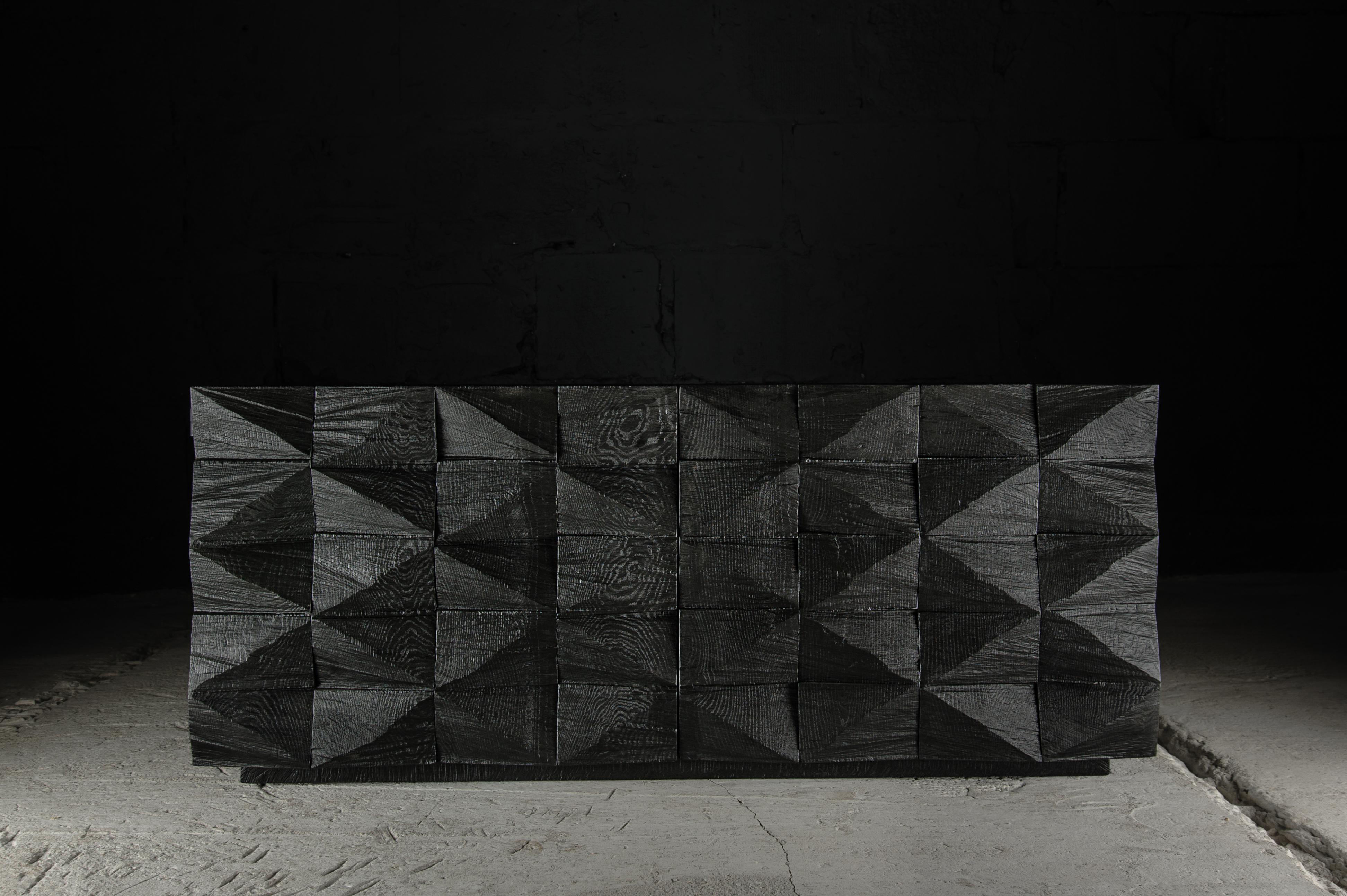 Contemporary Brutalist Sculpted Cabinet in Solid Black Oak, Diamond Pattern

Materials:
solid oak (+ linseed oil)

Dimensions: H. 50 x 120 x 45 cm
Customizable 

SÓHA design studio conceives and produces furniture design and decorative objects in