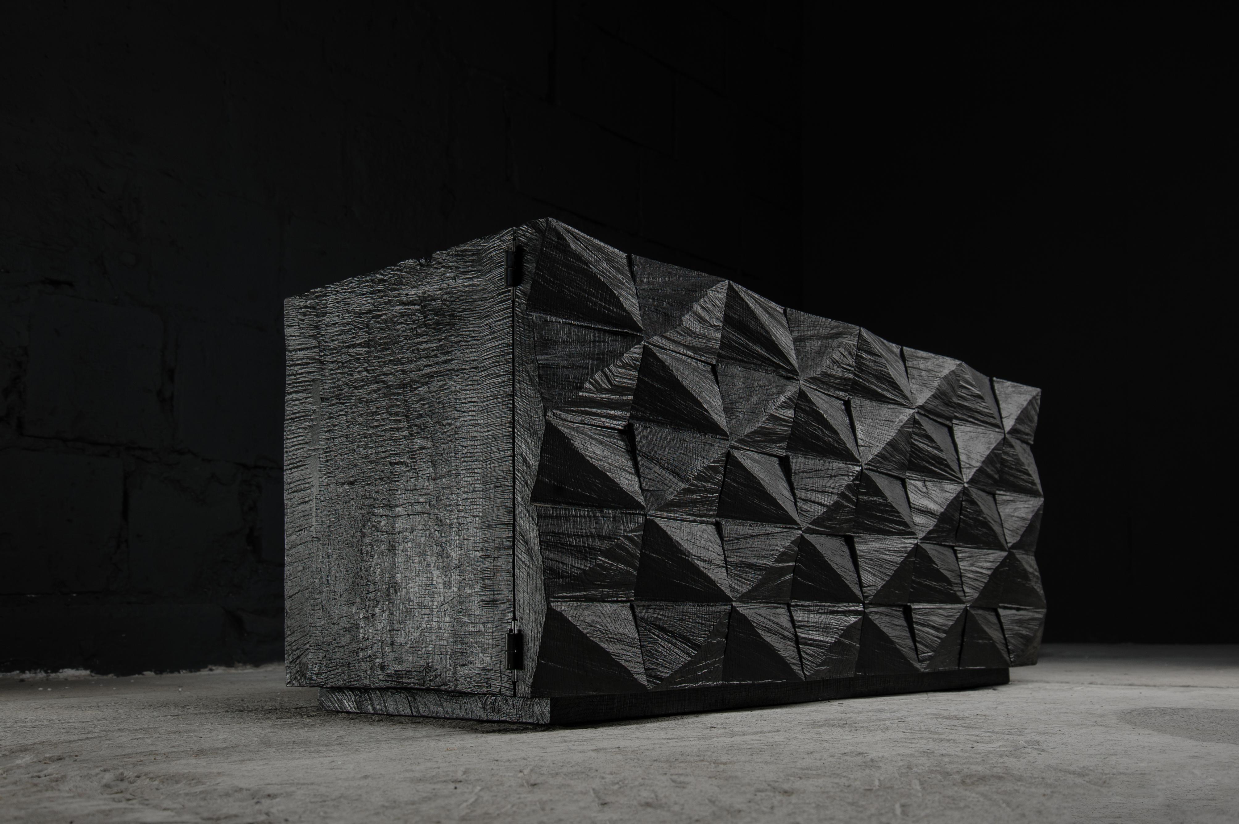 Brutalist Customizable Cabinet, Sculpted Oak Wood, Black, Diamond Pattern For Sale