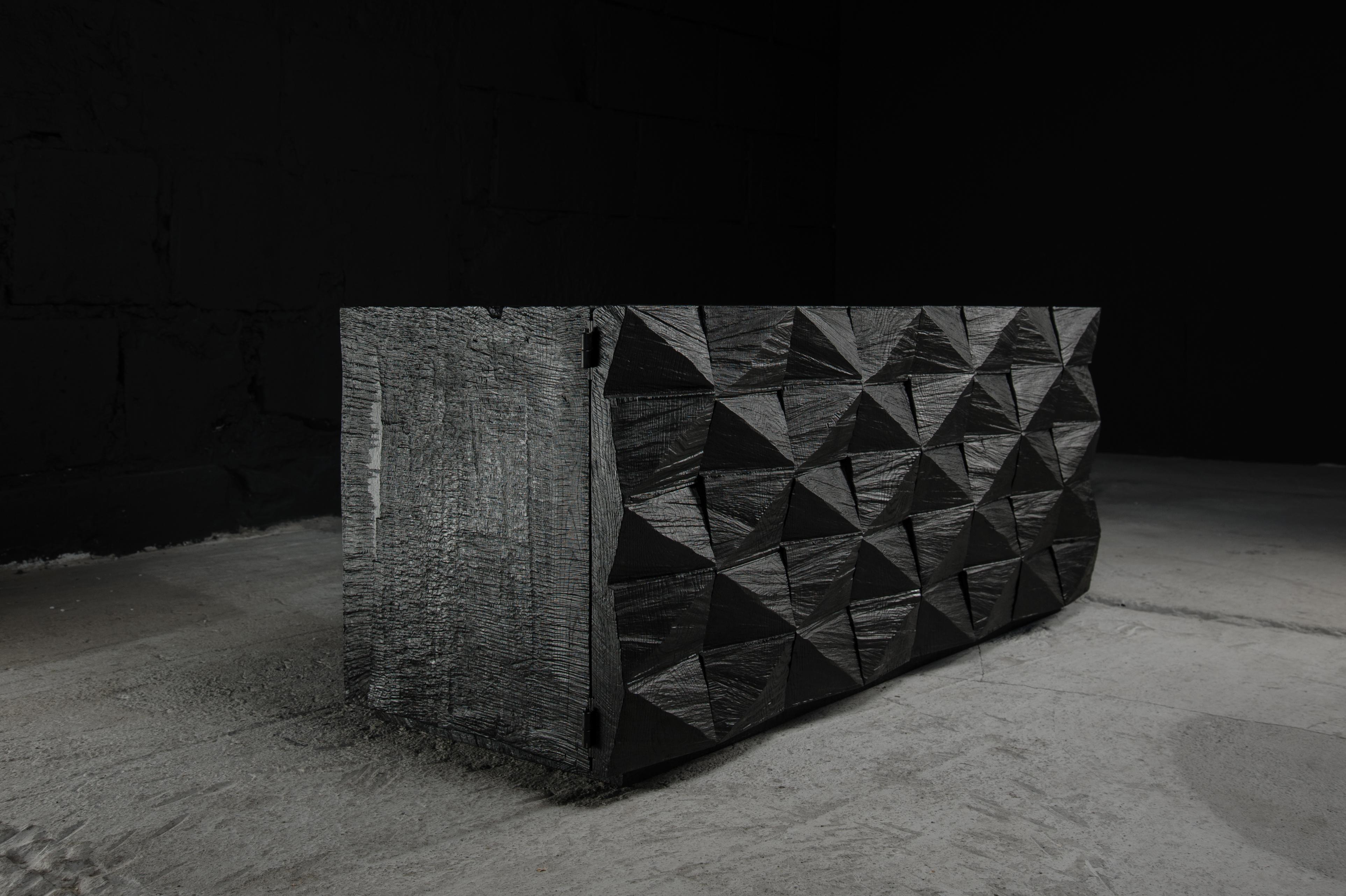 Contemporary Customizable Cabinet, Sculpted Oak Wood, Black, Diamond Pattern For Sale