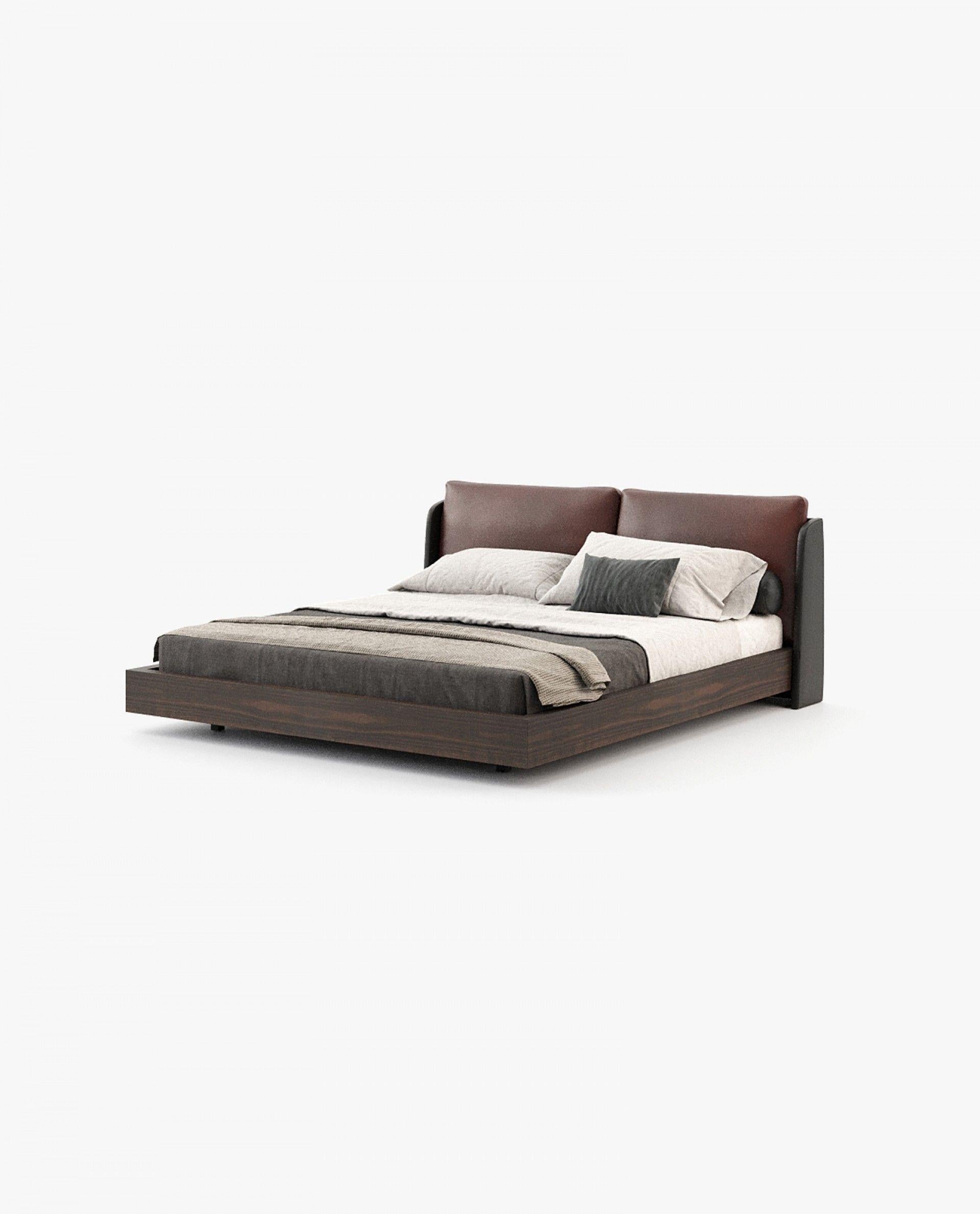 Contemporary Customizable California King Bed with Leather Headboard and Wooden Base For Sale