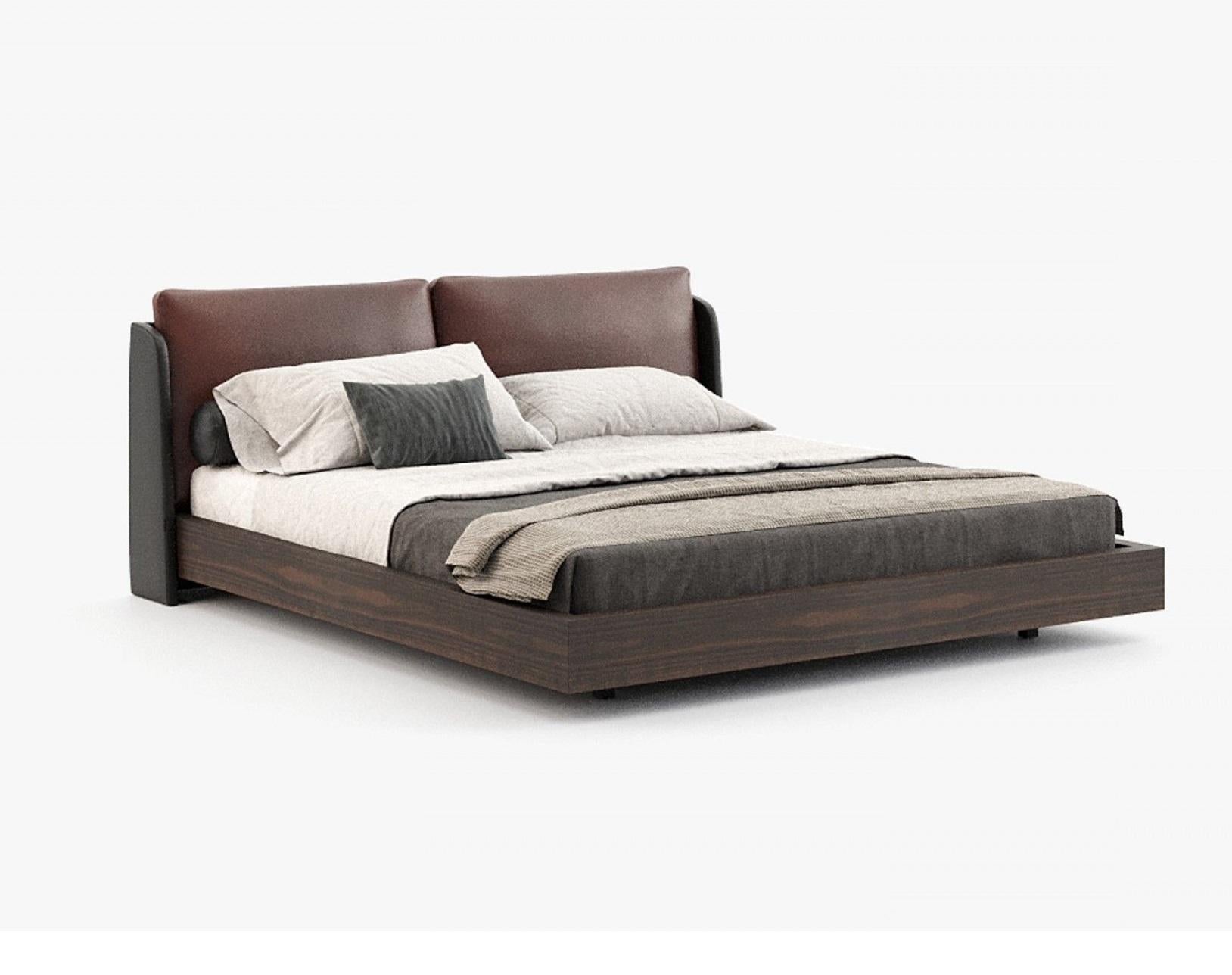 Fabric Customizable California King Bed with Leather Headboard and Wooden Base For Sale