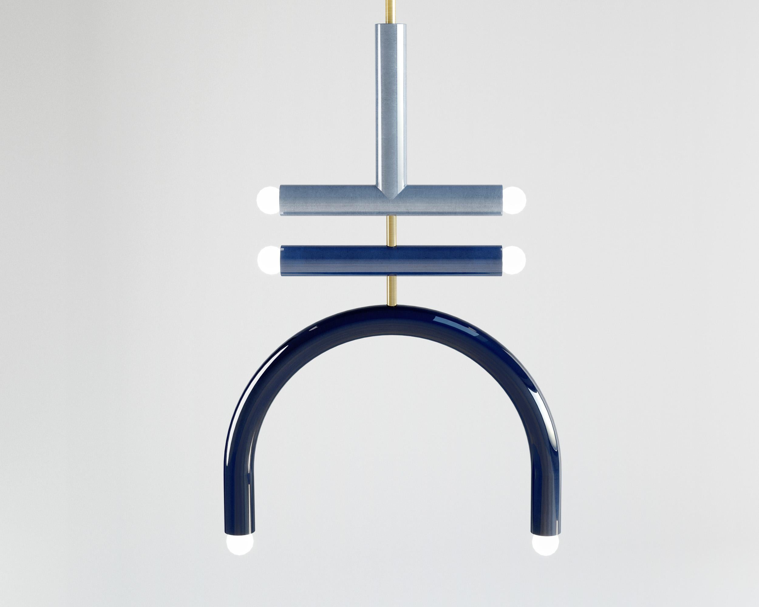 Polish Customizable Ceramic Pendant Lamp 'TRN E1' by Pani Jurek, Brass Rod, Blue For Sale