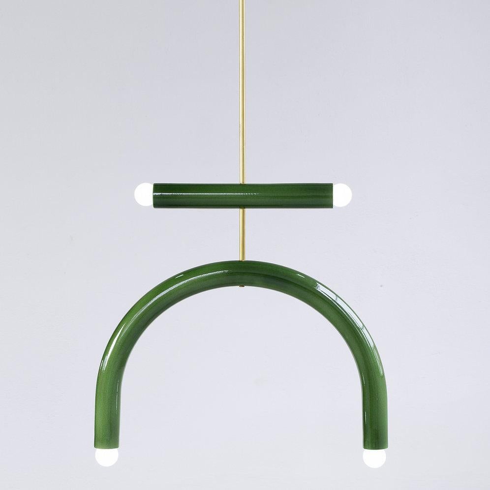 Glazed Customizable Ceramic Pendant Lamp 'TRN E3' by Pani Jurek, Brass Rod, Brown For Sale