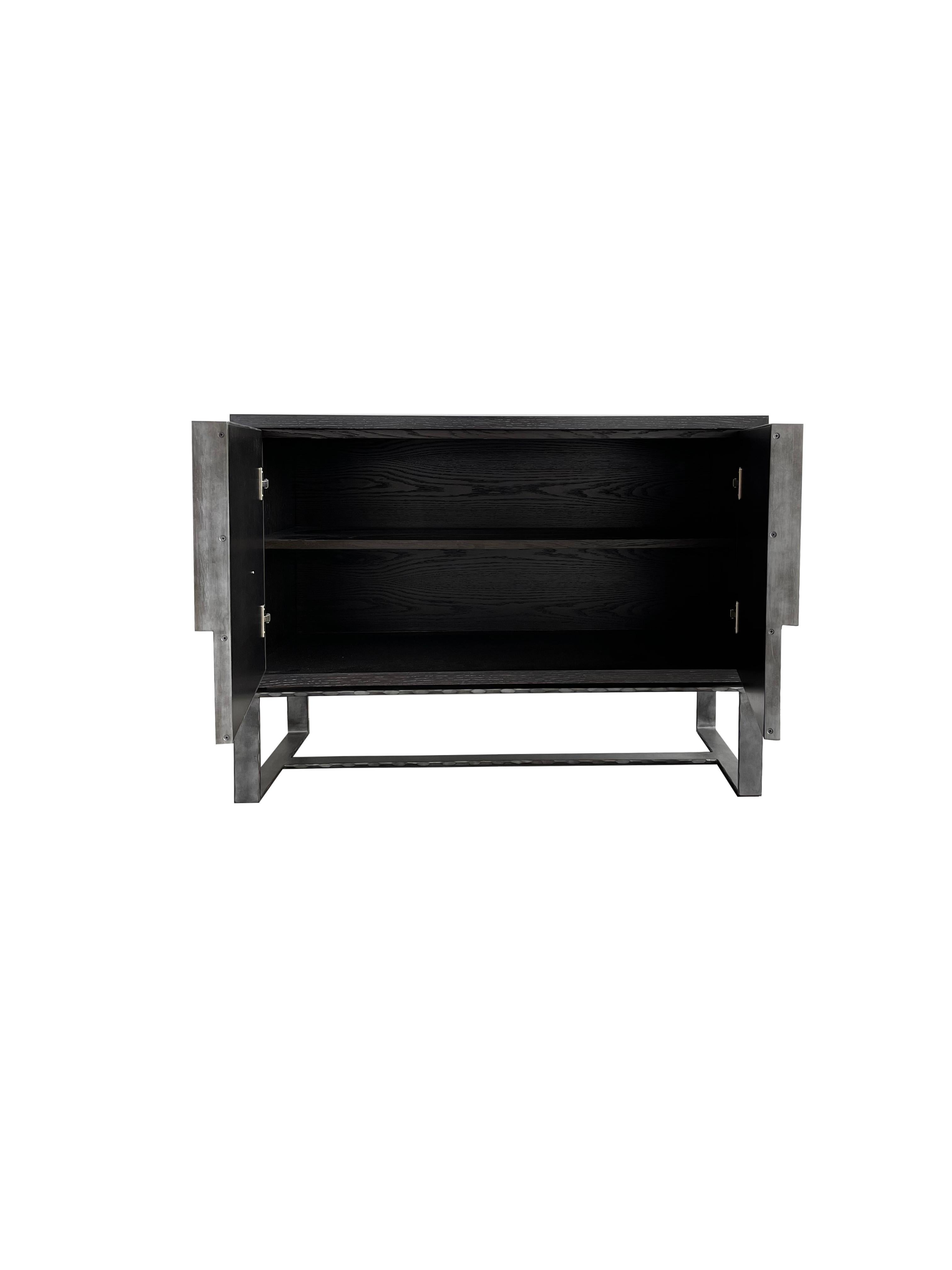 American Modern Chelsea 2-Door Buffet with Grey Leather and Forged Metal by Ercole Home For Sale