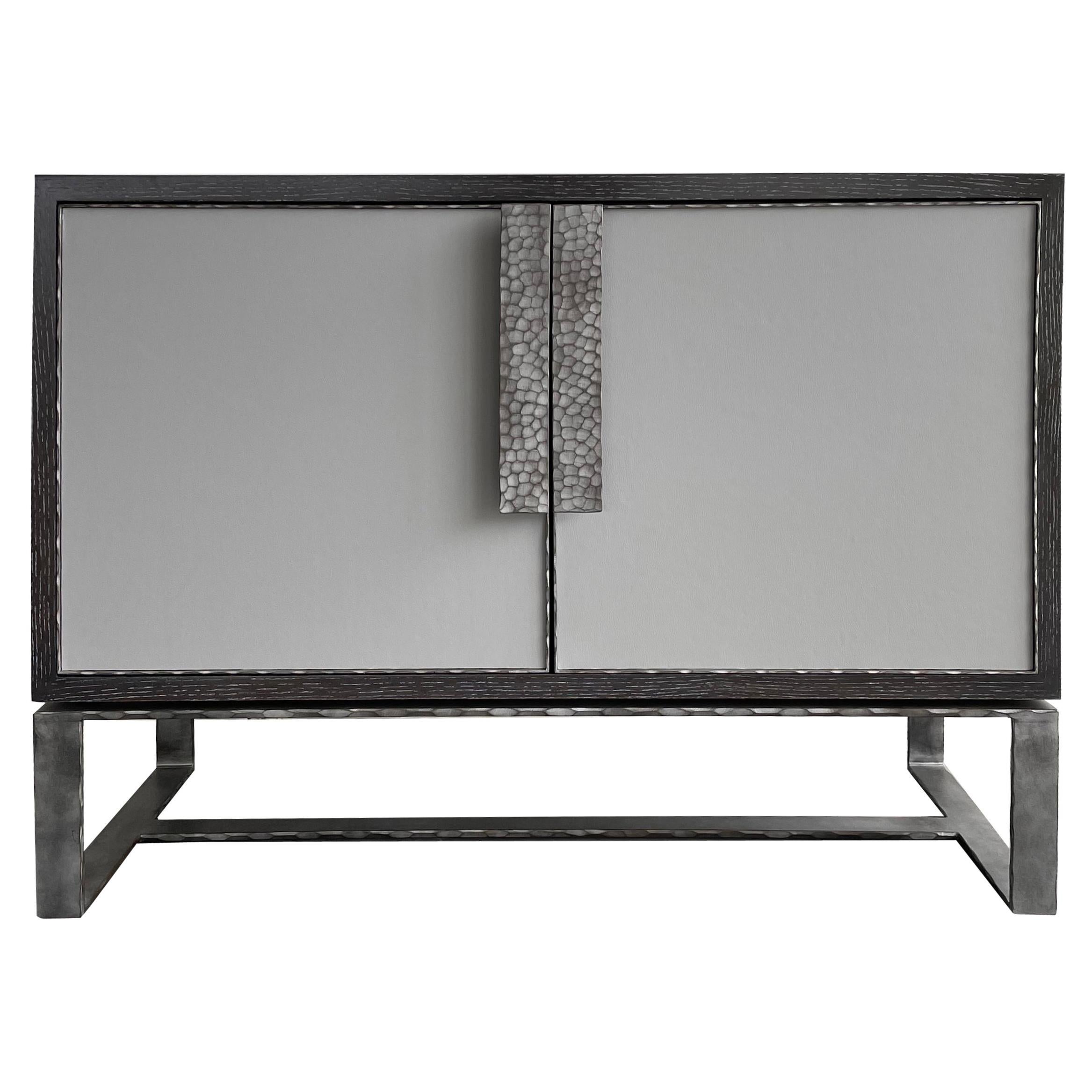 Modern Chelsea 2-Door Buffet with Grey Leather and Forged Metal by Ercole Home