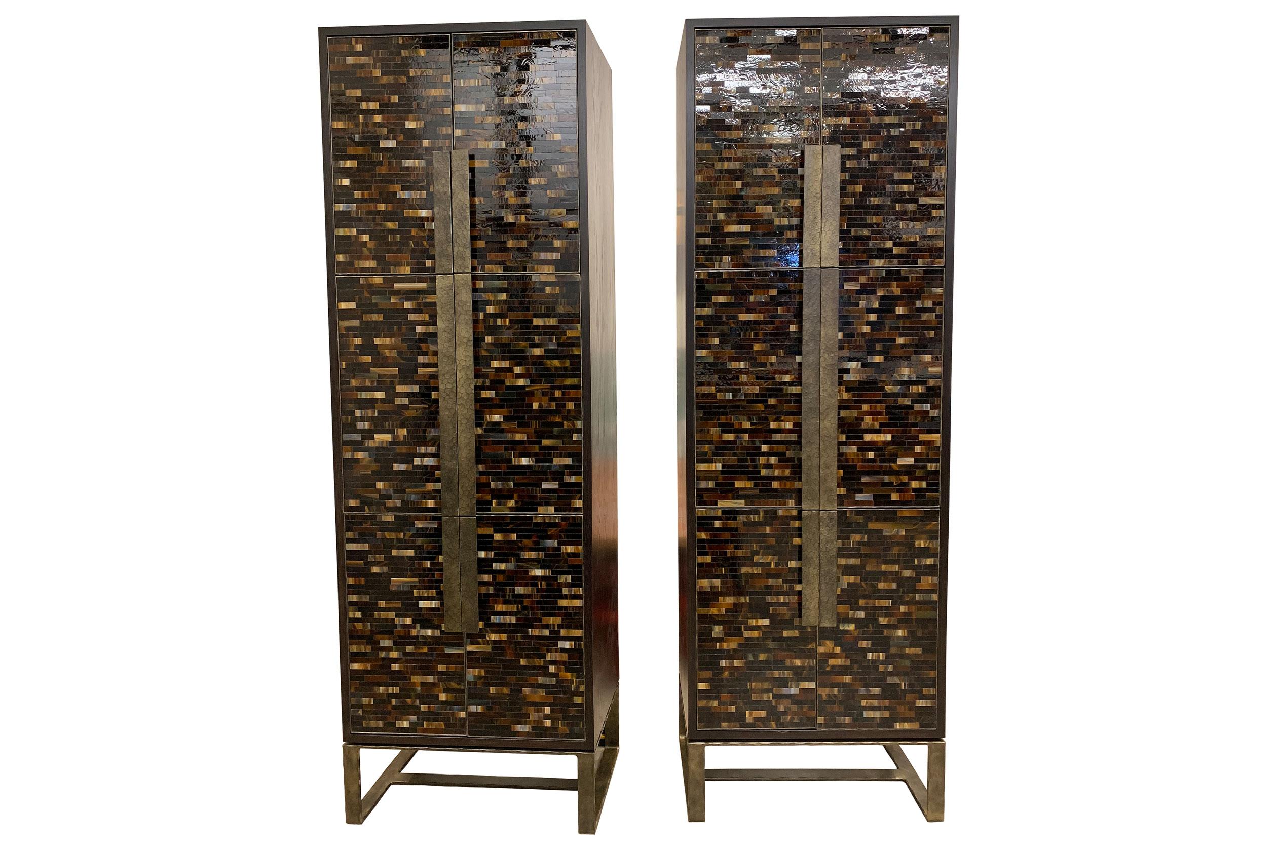 American Modern Chelsea Brown Glass Mosaic Bar with Hammered Metal Base by Ercole For Sale