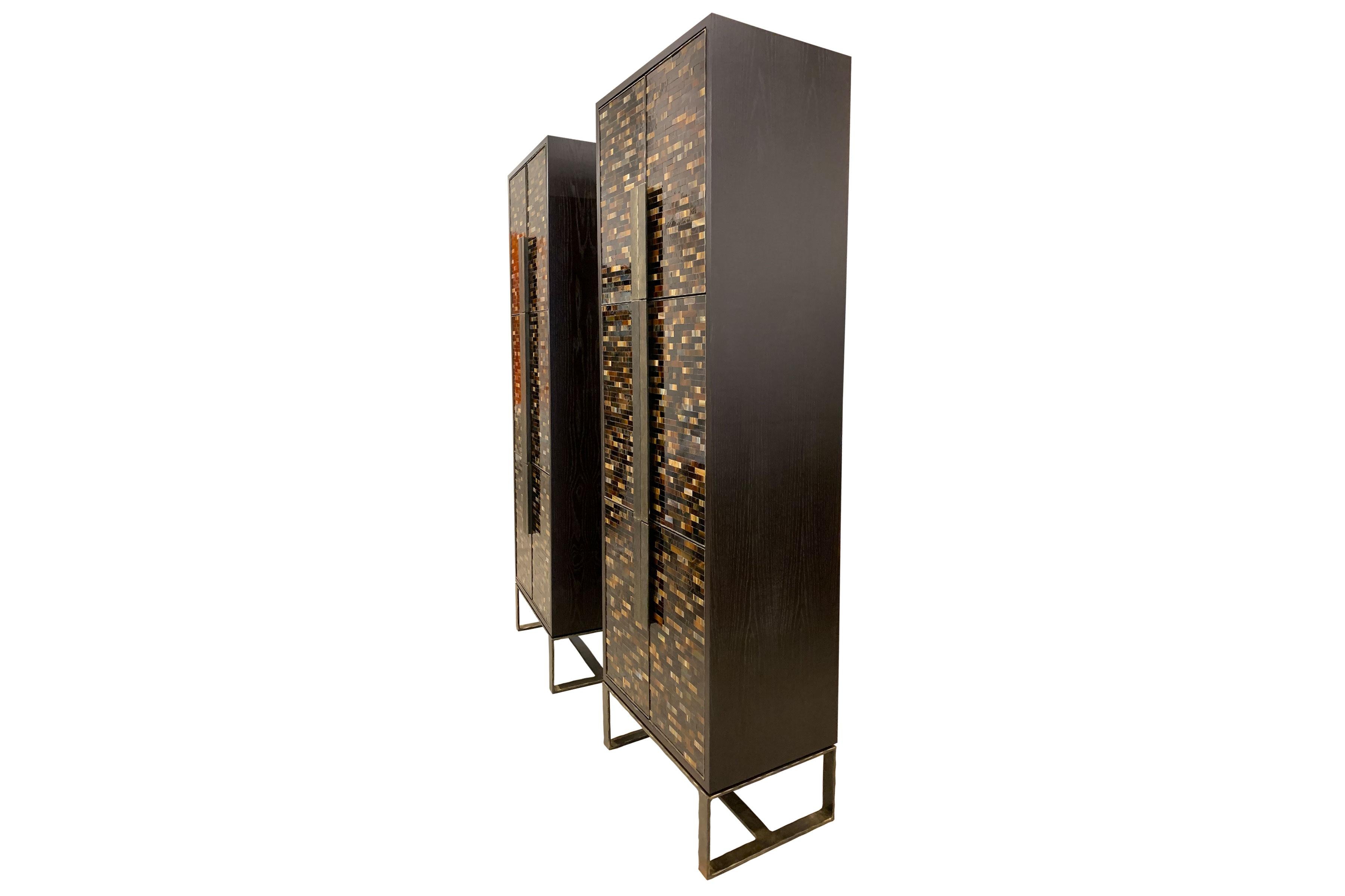 Modern Chelsea Brown Glass Mosaic Bar with Hammered Metal Base by Ercole In New Condition For Sale In Brooklyn, NY
