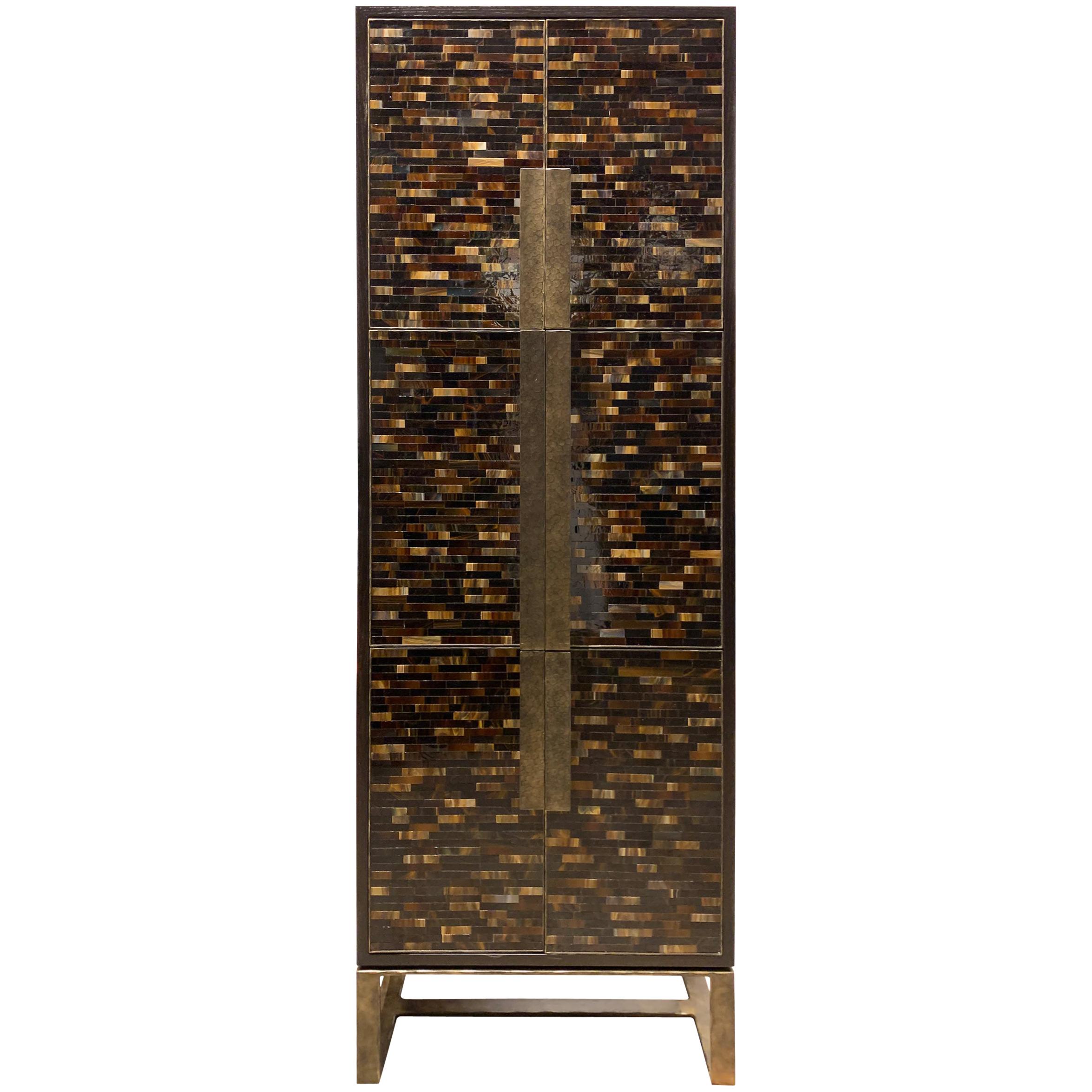 Modern Chelsea Brown Glass Mosaic Bar with Hammered Metal Base by Ercole For Sale