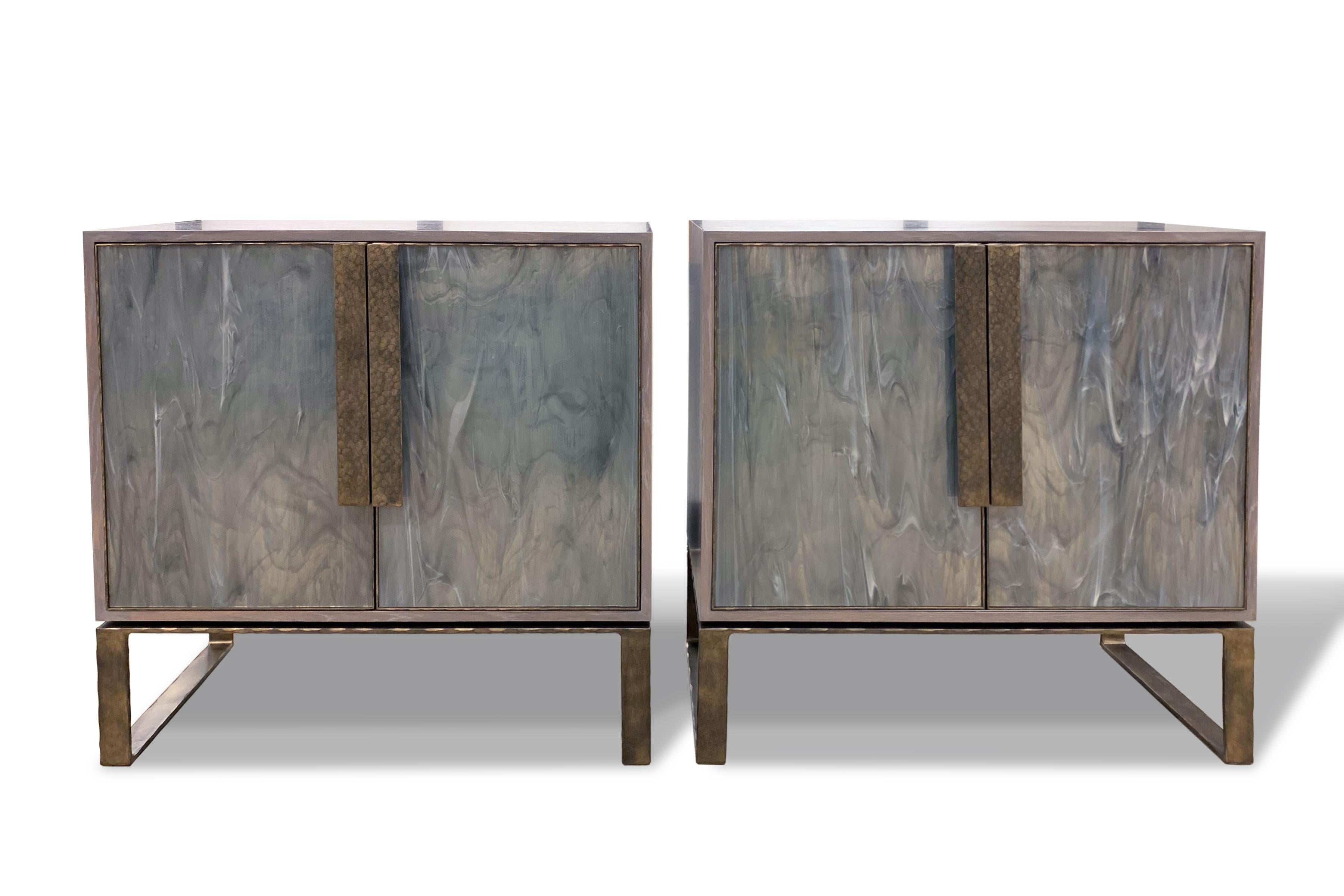 Hammered Modern Chelsea Brown Glass Credenza with Forged Metal Base by Ercole Home  For Sale