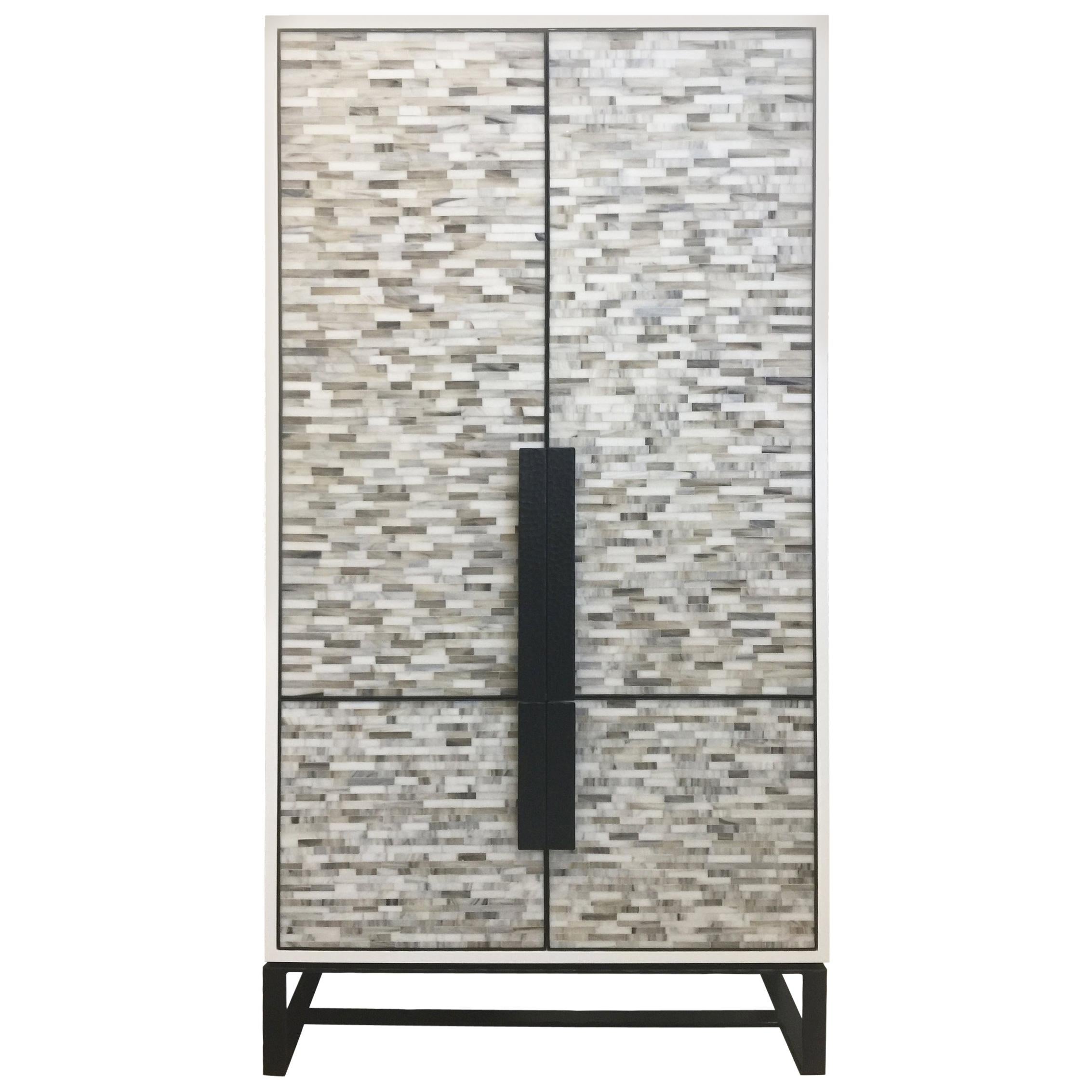 Modern Chelsea Glass Mosaic Bar Cabinet with Forged Metal Base by Ercole Home