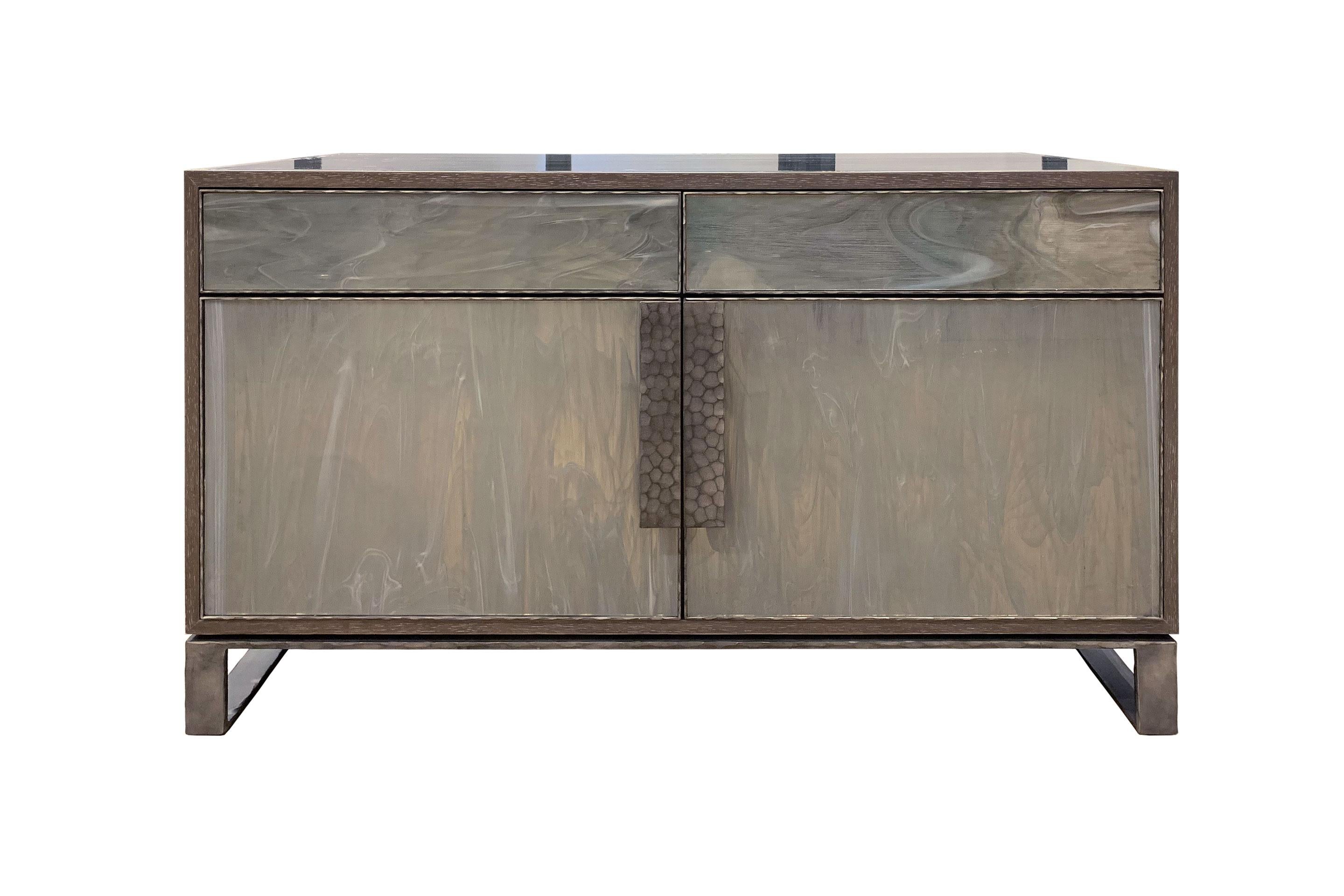 Hammered Modern Chelsea 2-Door Buffet - Forged Metal and Grey Silver Glass by Ercole Home For Sale