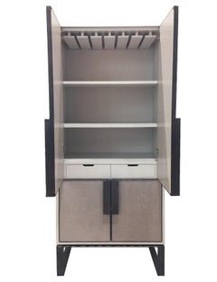 Modern Chelsea Gray Leather Bar Cabinet with Forged Steel Metal Base by Ercole
