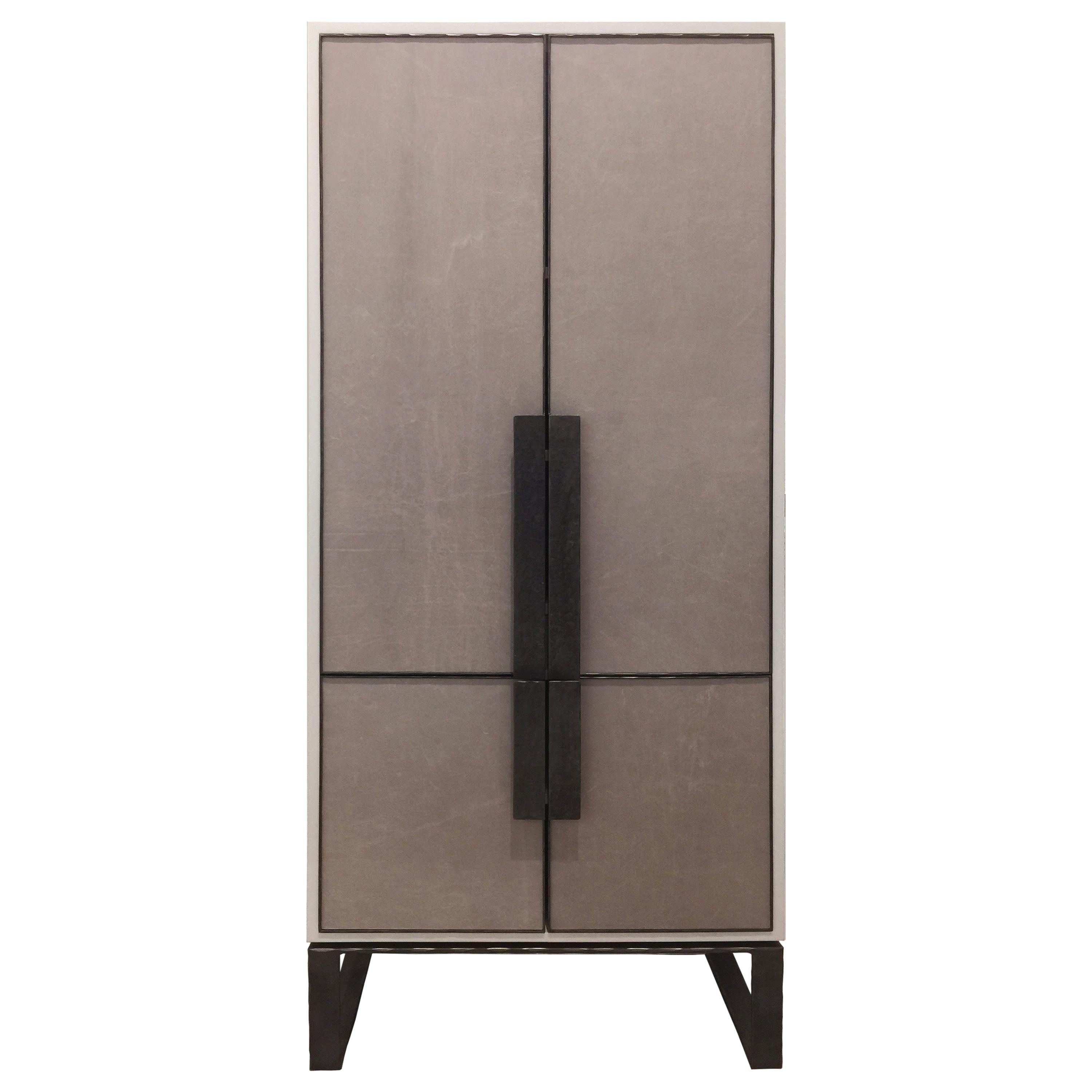 Modern Chelsea Gray Leather Bar Cabinet with Forged Steel Metal Base by Ercole