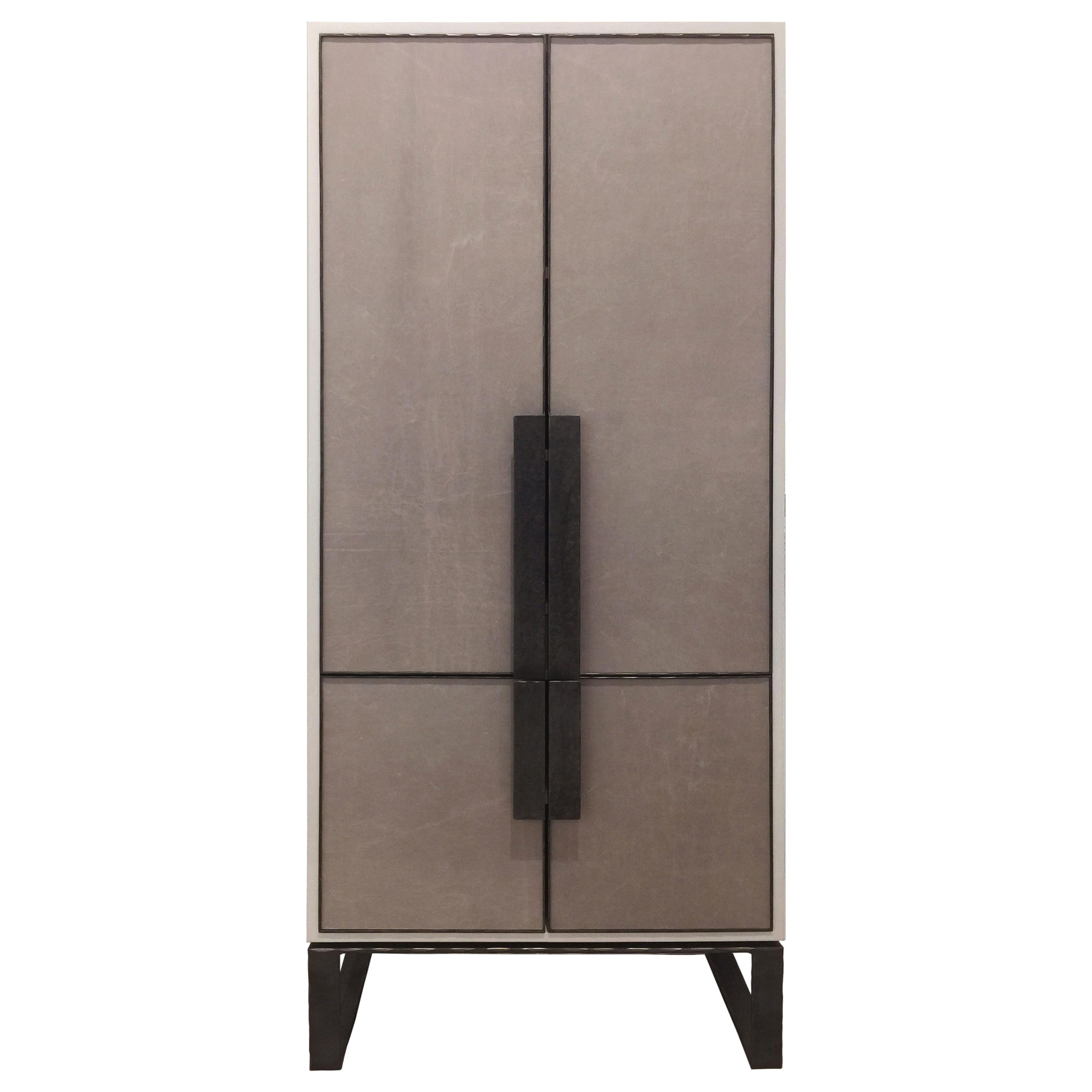 Hammered Modern Chelsea Gray Leather Pocket Door Bar with Forged Metal Base by Ercole  For Sale