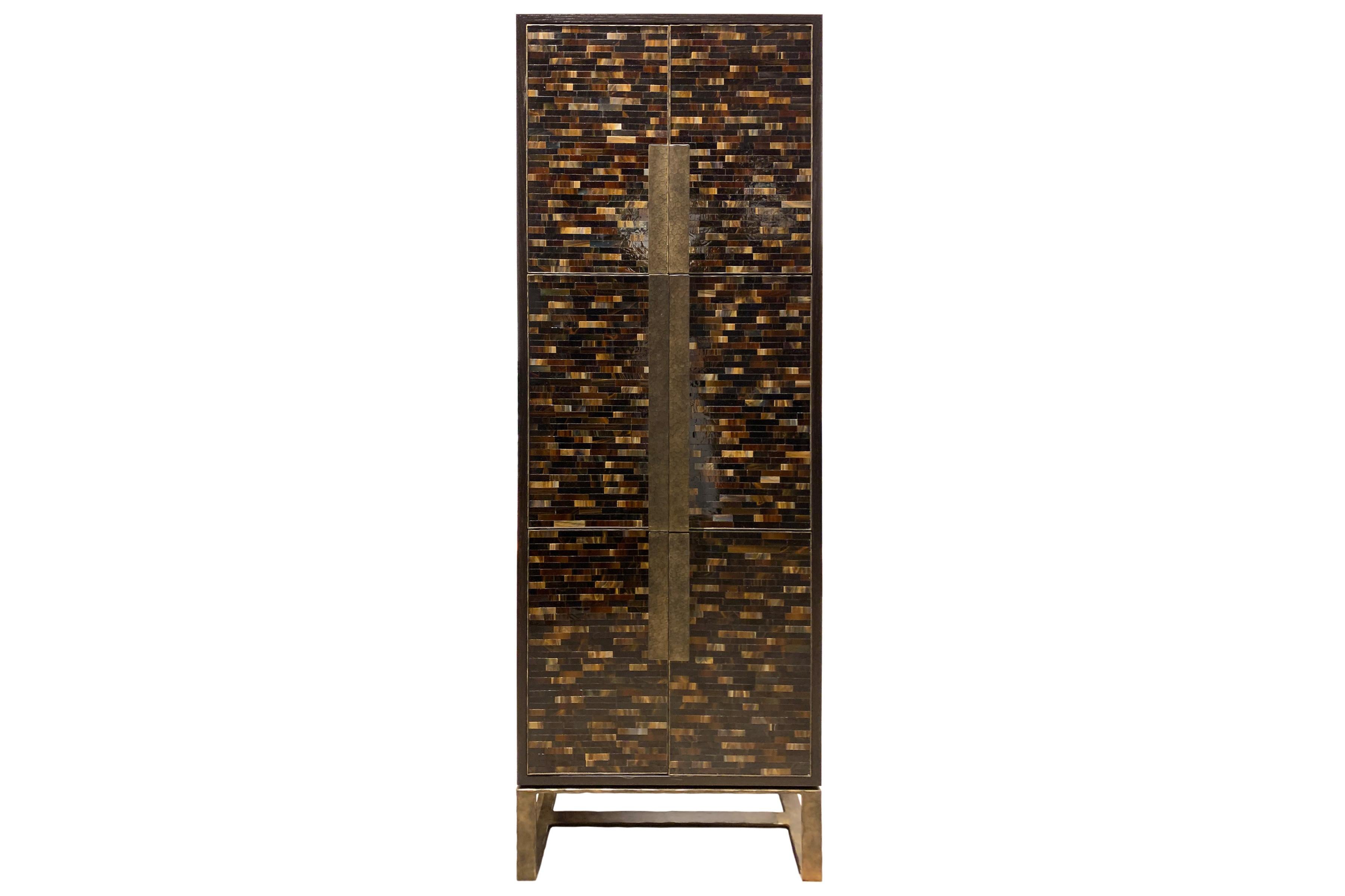 Contemporary Modern Chelsea Gray Leather Pocket Door Bar with Forged Metal Base by Ercole For Sale