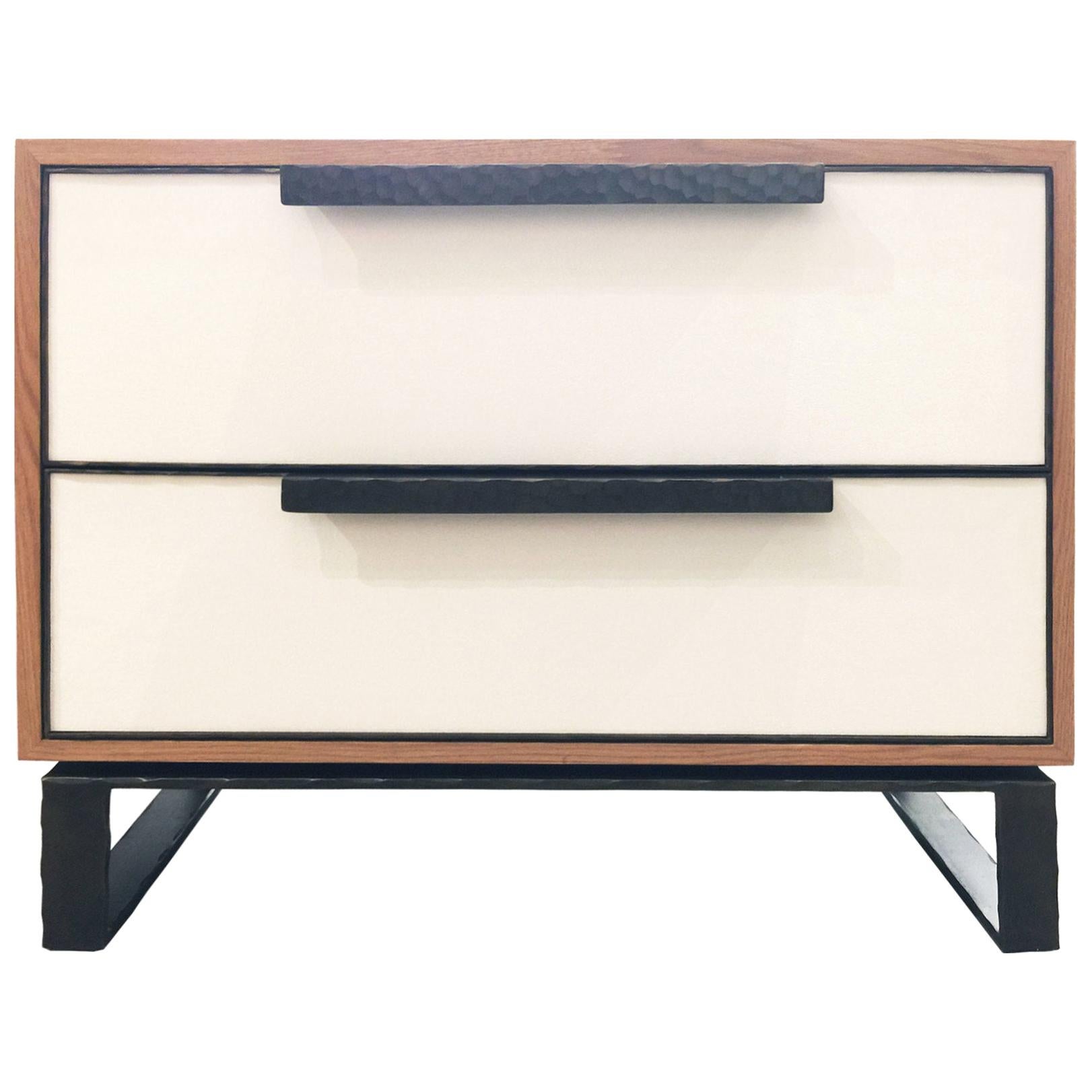Modern Chelsea Leather 2-Drawer Nightstand with Forged Metal by Ercole Home