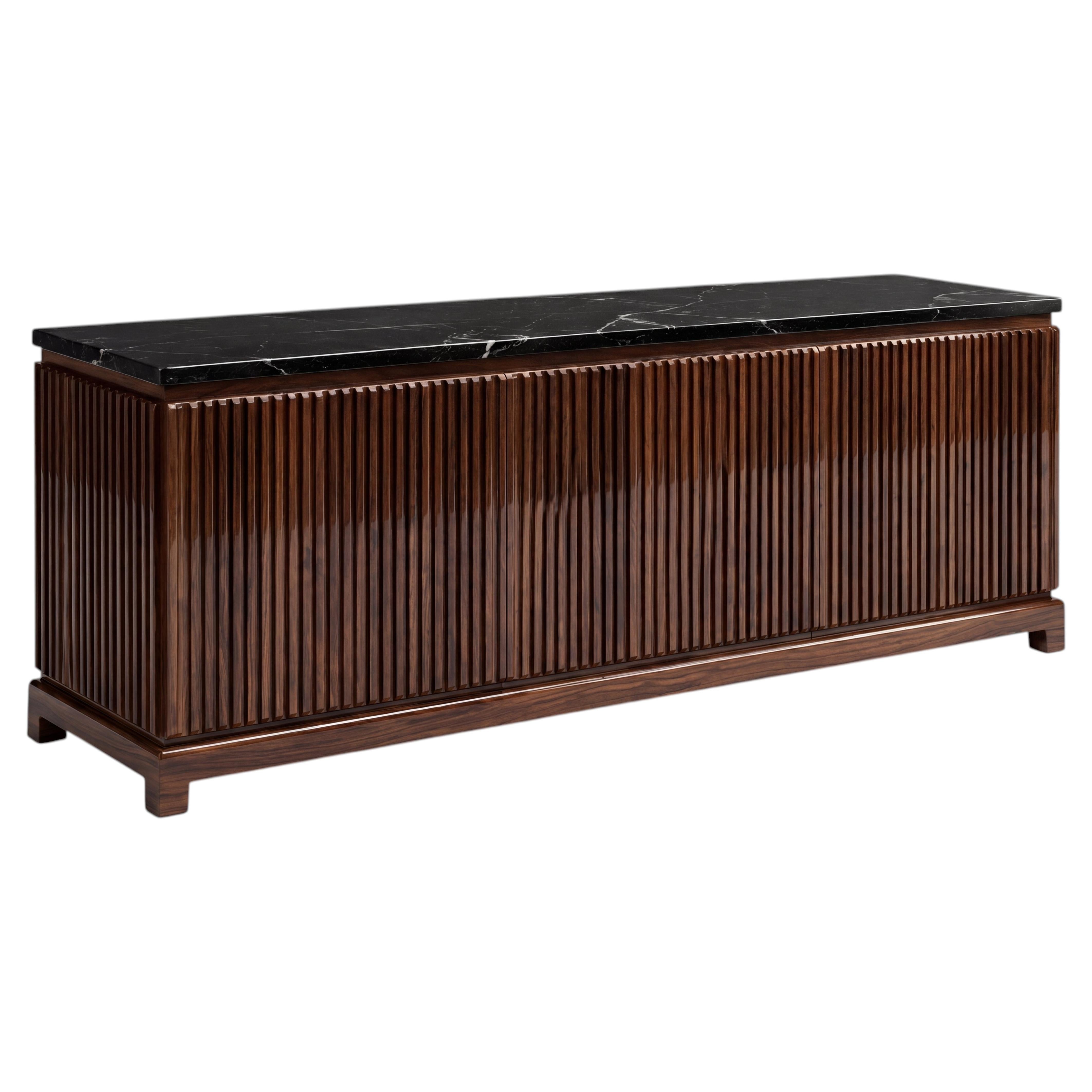 Customizable Compact Three-Door Sideboard in Smoked Walnut & Black Marble Top For Sale