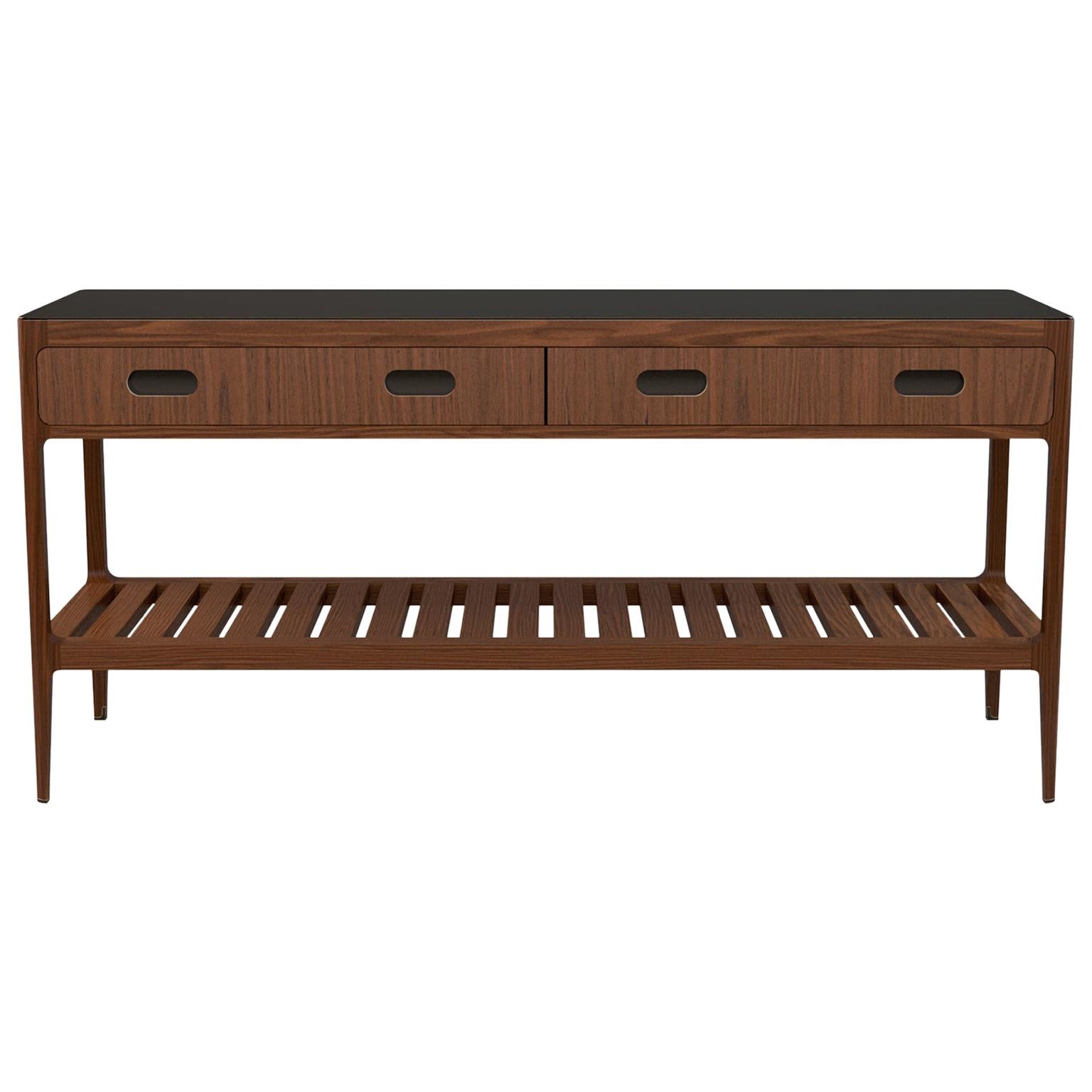 Customizable Console Table in Walnut and Blackened Brass by Munson Furniture For Sale