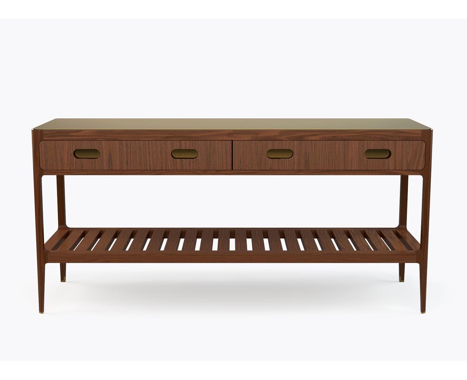 American Customizable Console Table in Walnut and Patinated Brass by Munson Furniture For Sale