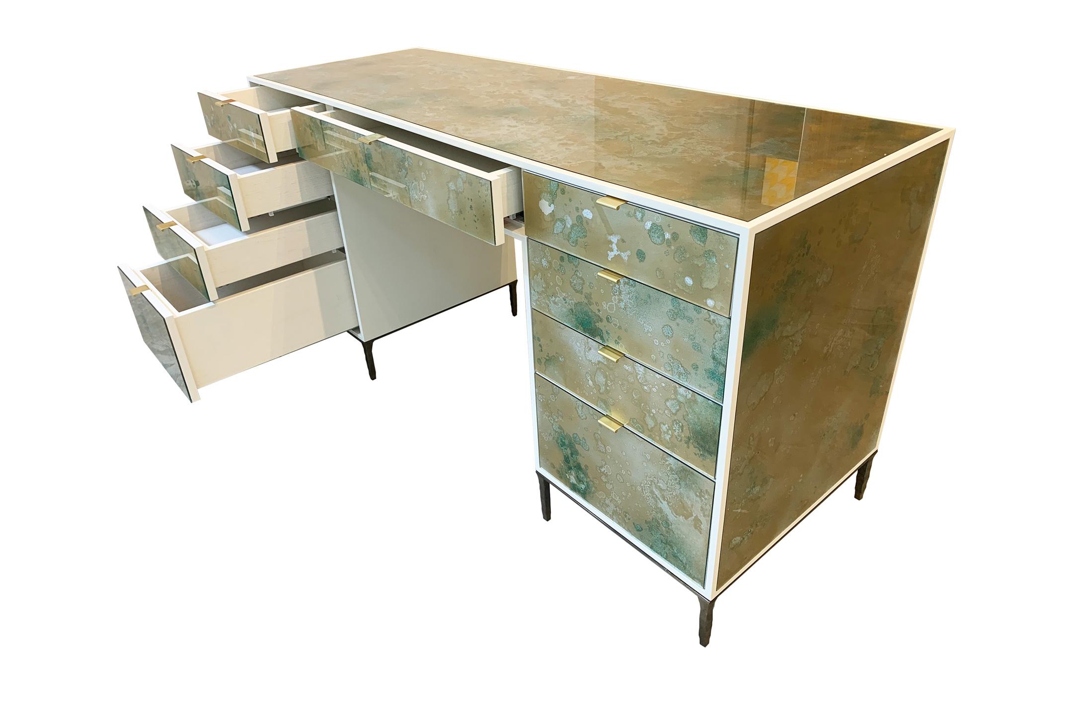 American Modern Eglomise Glass Byzantine Gold Vanity and Forged Metal Legs by Ercole Home For Sale