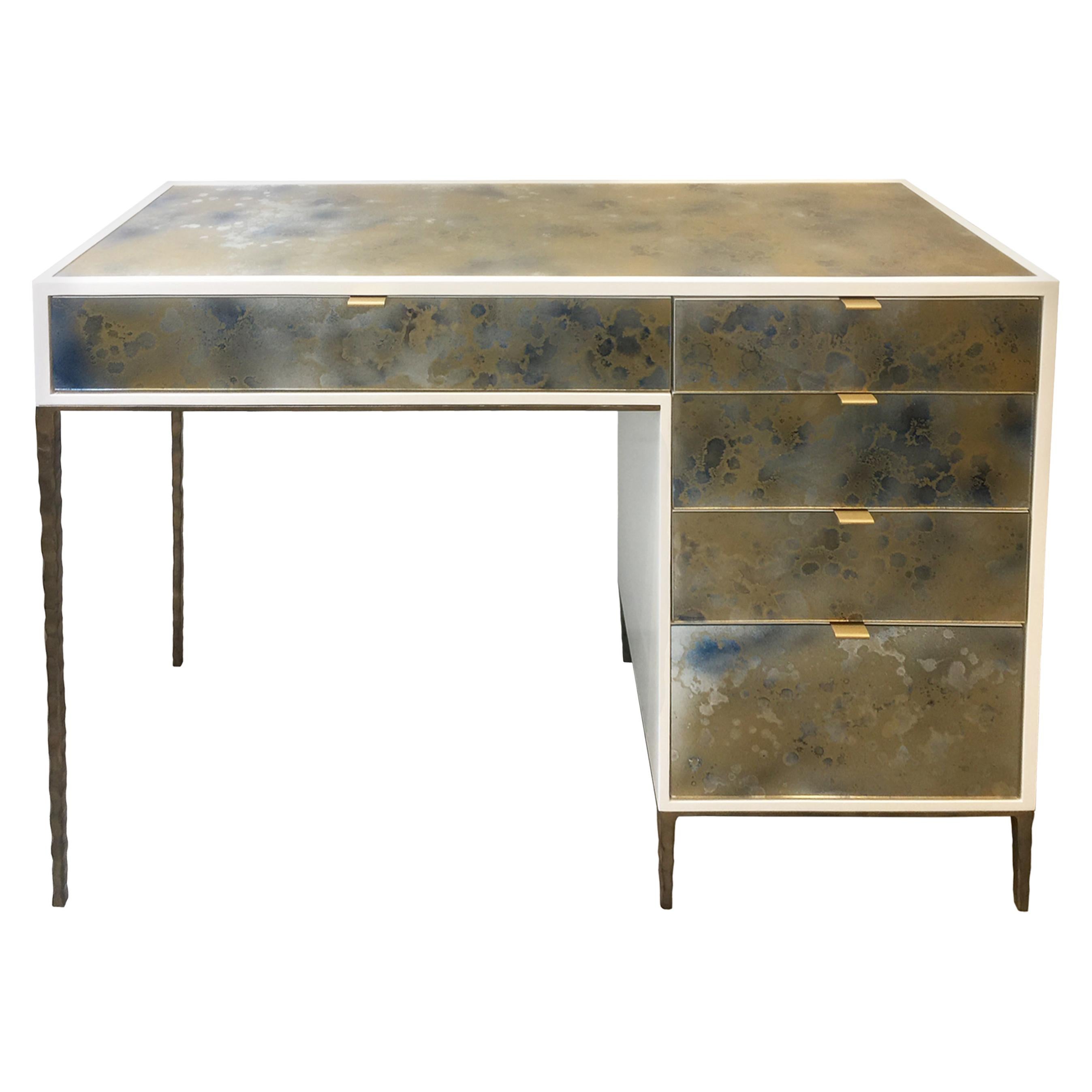 Contemporary Modern Eglomise Glass Byzantine Gold Vanity and Forged Metal Legs by Ercole Home For Sale