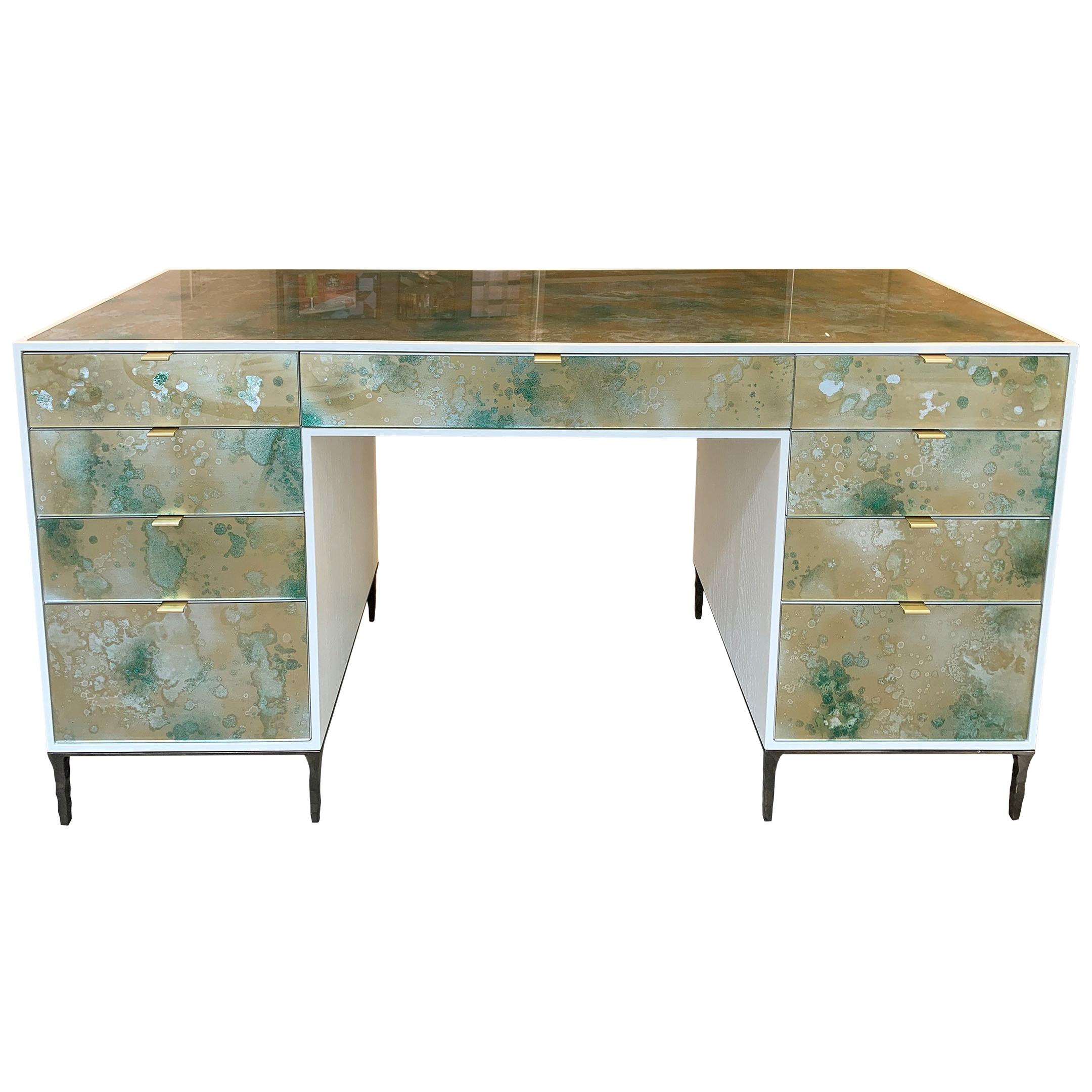 Modern Eglomise Glass Byzantine Gold Vanity and Forged Metal Legs by Ercole Home For Sale