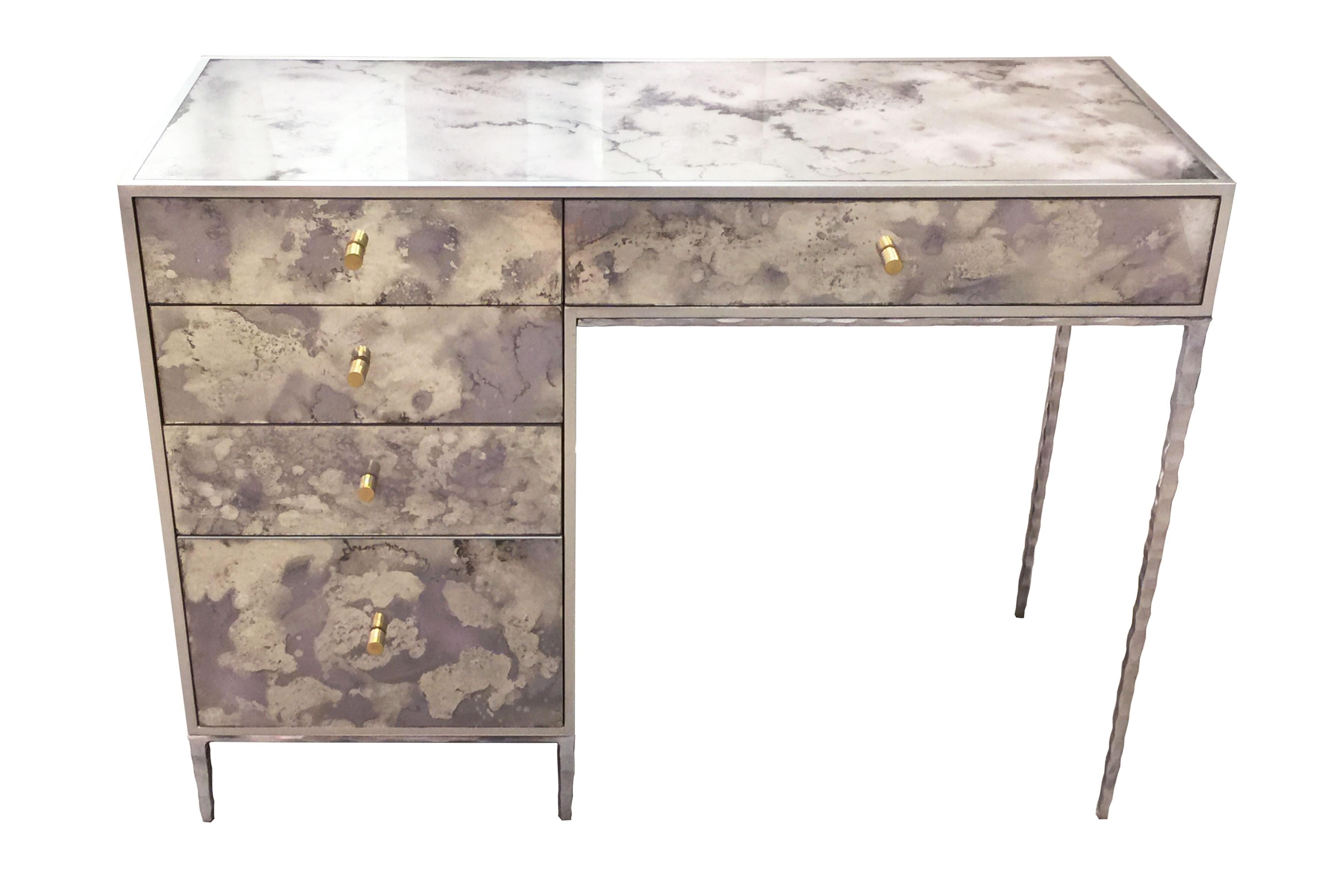 Modern Églomisé Glass Fume Silver Dust Vanity Desk by Ercole Home In New Condition For Sale In Brooklyn, NY