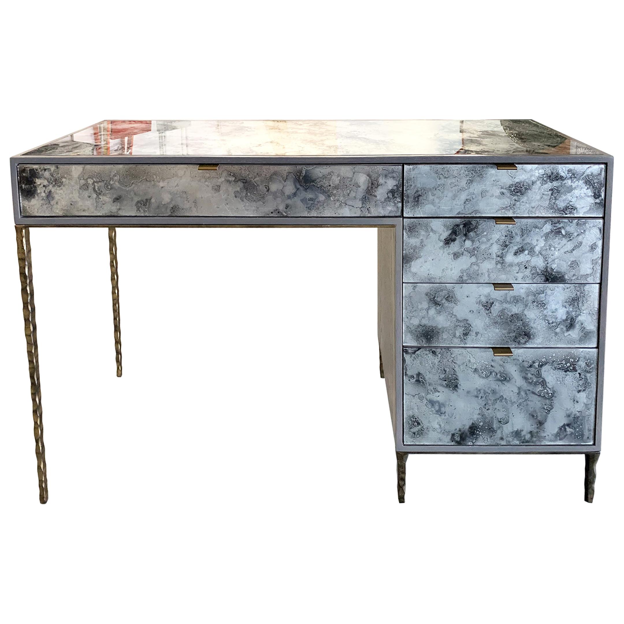 Modern Églomisé Glass Fume Silver Dust Vanity Desk by Ercole Home For Sale