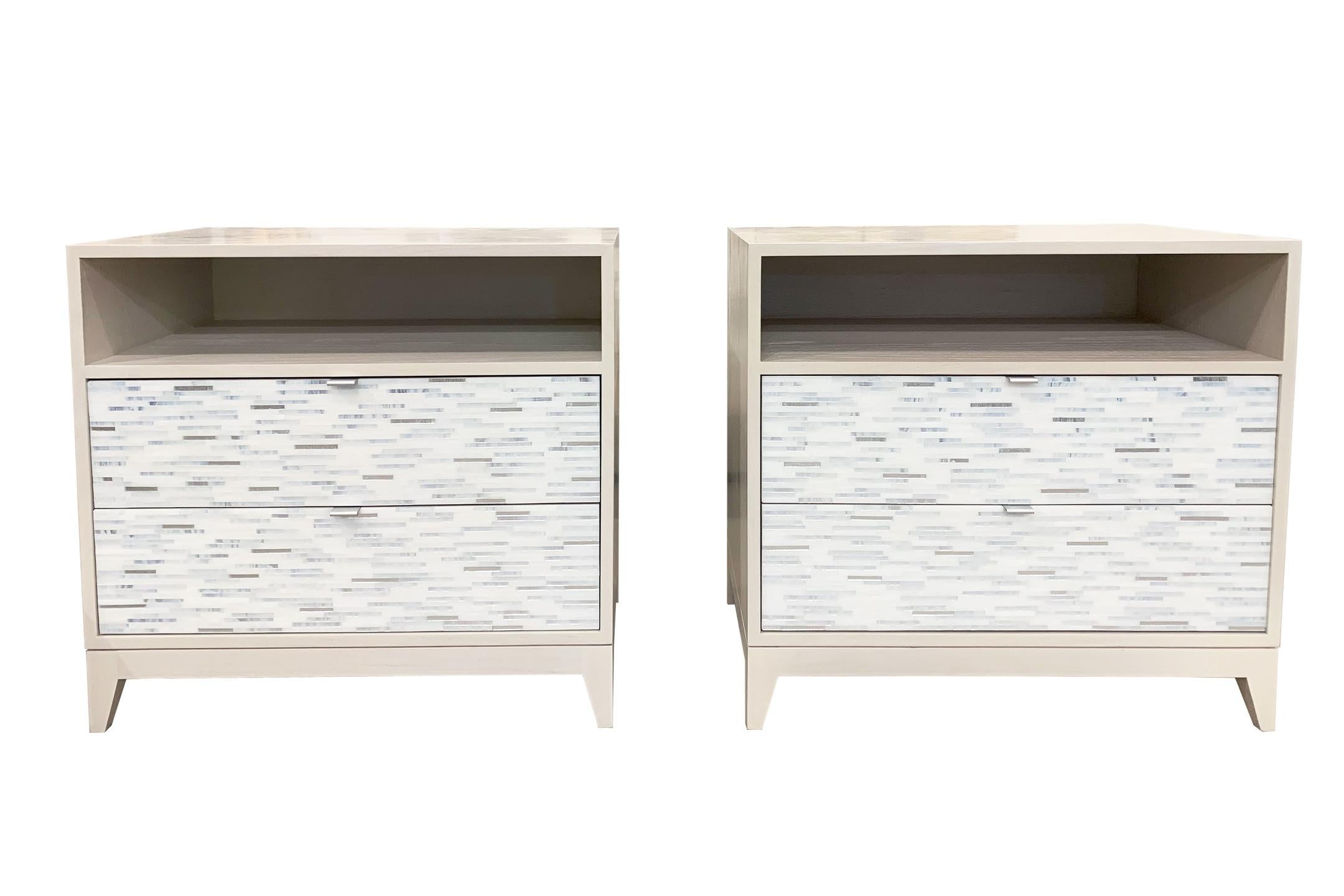 Modern Milano White Glass Mosaic Nightstand with Ivory Oak by Ercole Home In New Condition For Sale In Brooklyn, NY