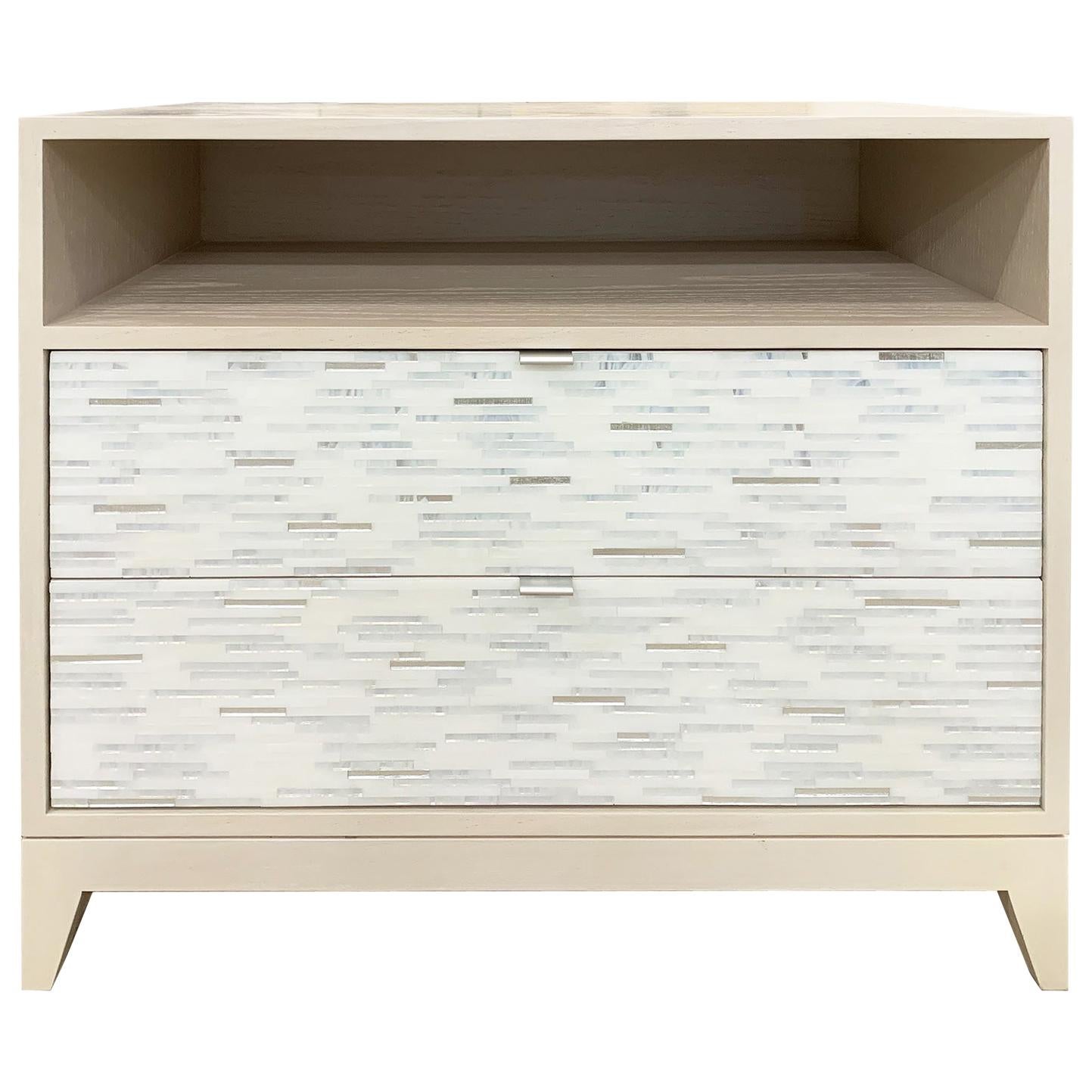 Modern Milano White Glass Mosaic Nightstand with Ivory Oak by Ercole Home For Sale