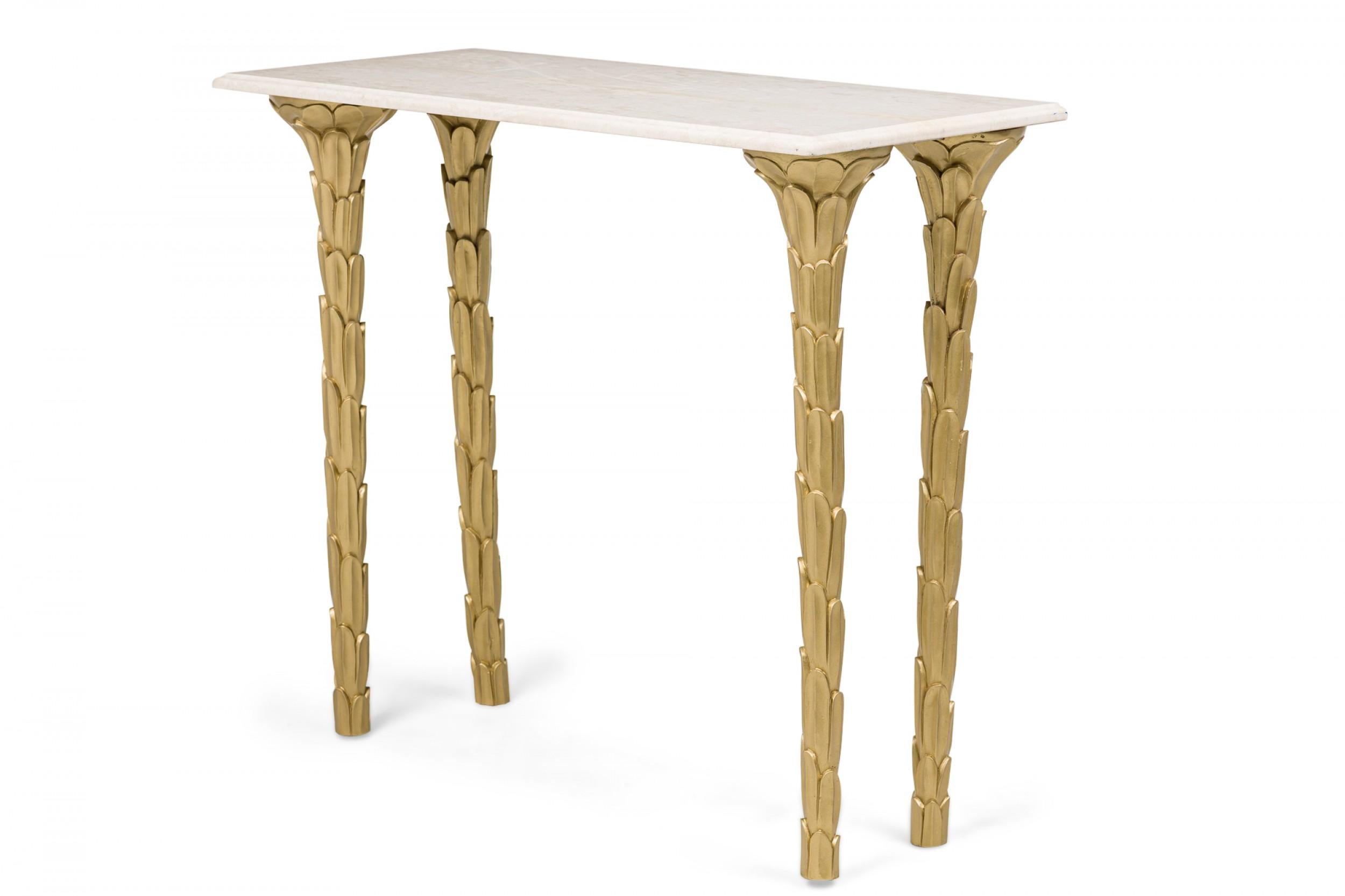 Consola contemporánea de estilo Regencia con patas de palma talladas en oro y tapa de mármol blanquecino (SE PUEDE HACER A MEDIDA Y COLOR)(Inv. #061717-49