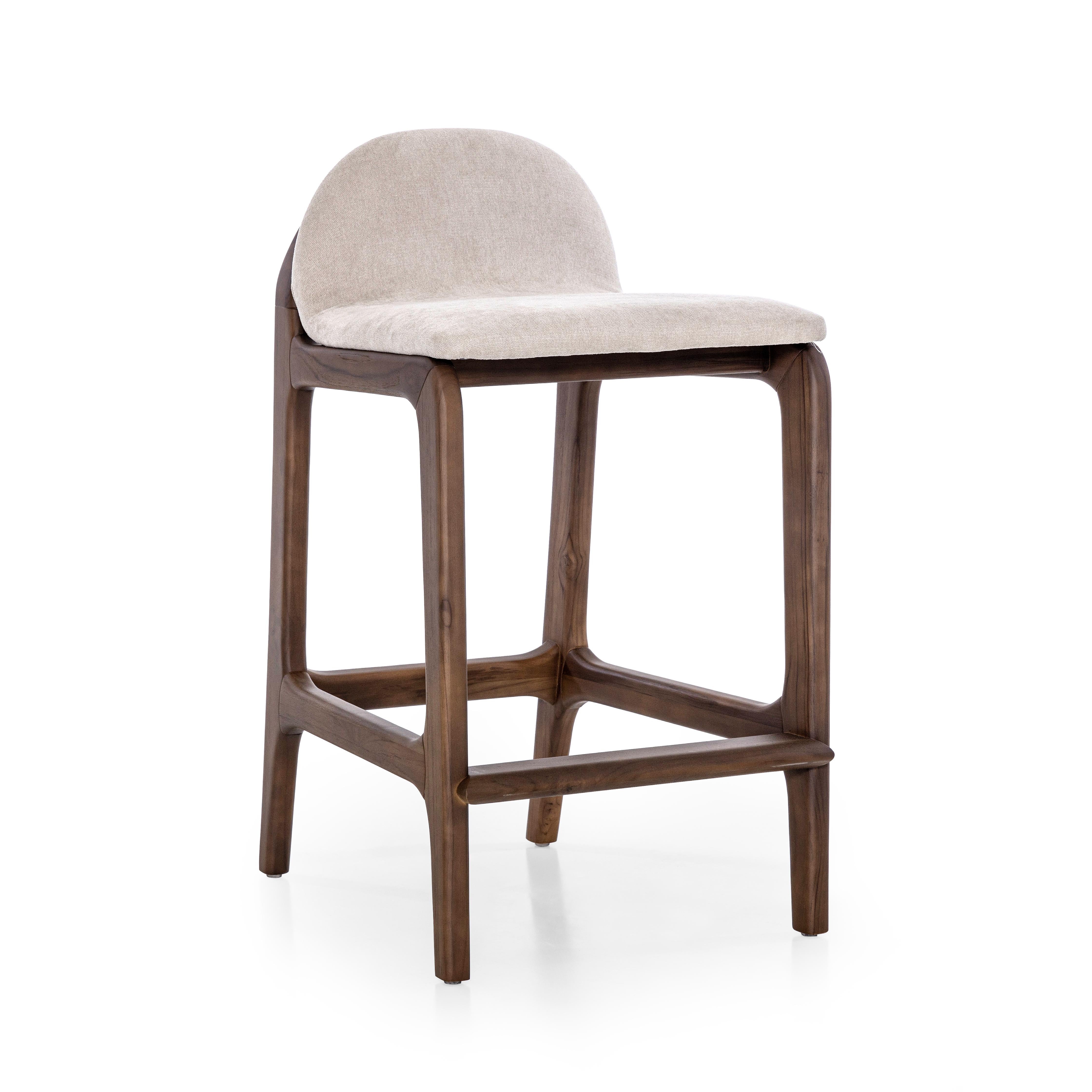 Customizable Counter Stool with Walnut Finish and Beige Upholstery, Ura Line For Sale 3